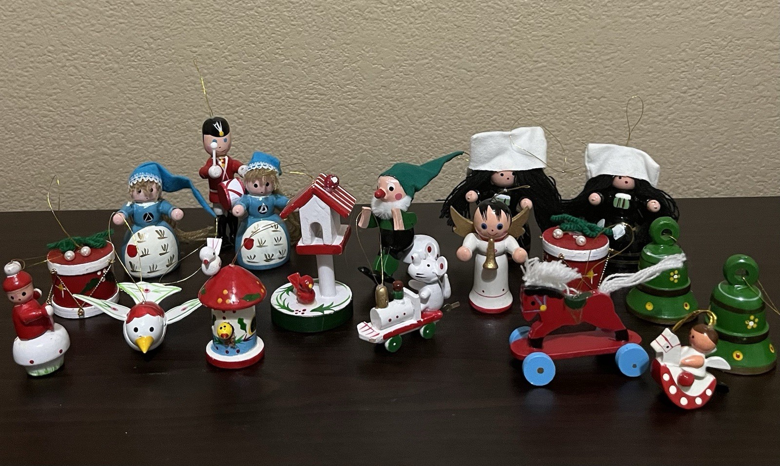 Vintage 1970’s Darling Wooden Hand Painted Ornaments Lot Of 18 Birds Bells Etc…