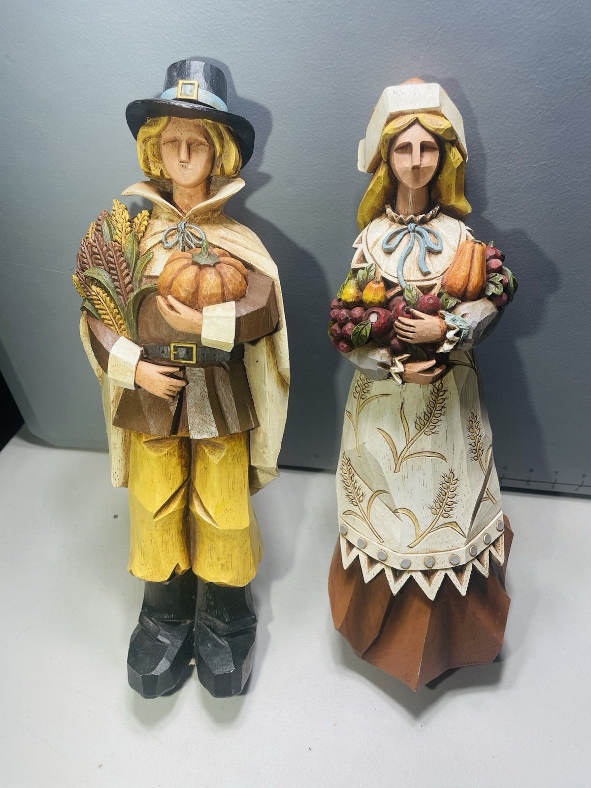Pacific Rim Cubist Thanksgiving Harvest Pilgrim Man Woman Figure VTG 16” Tall