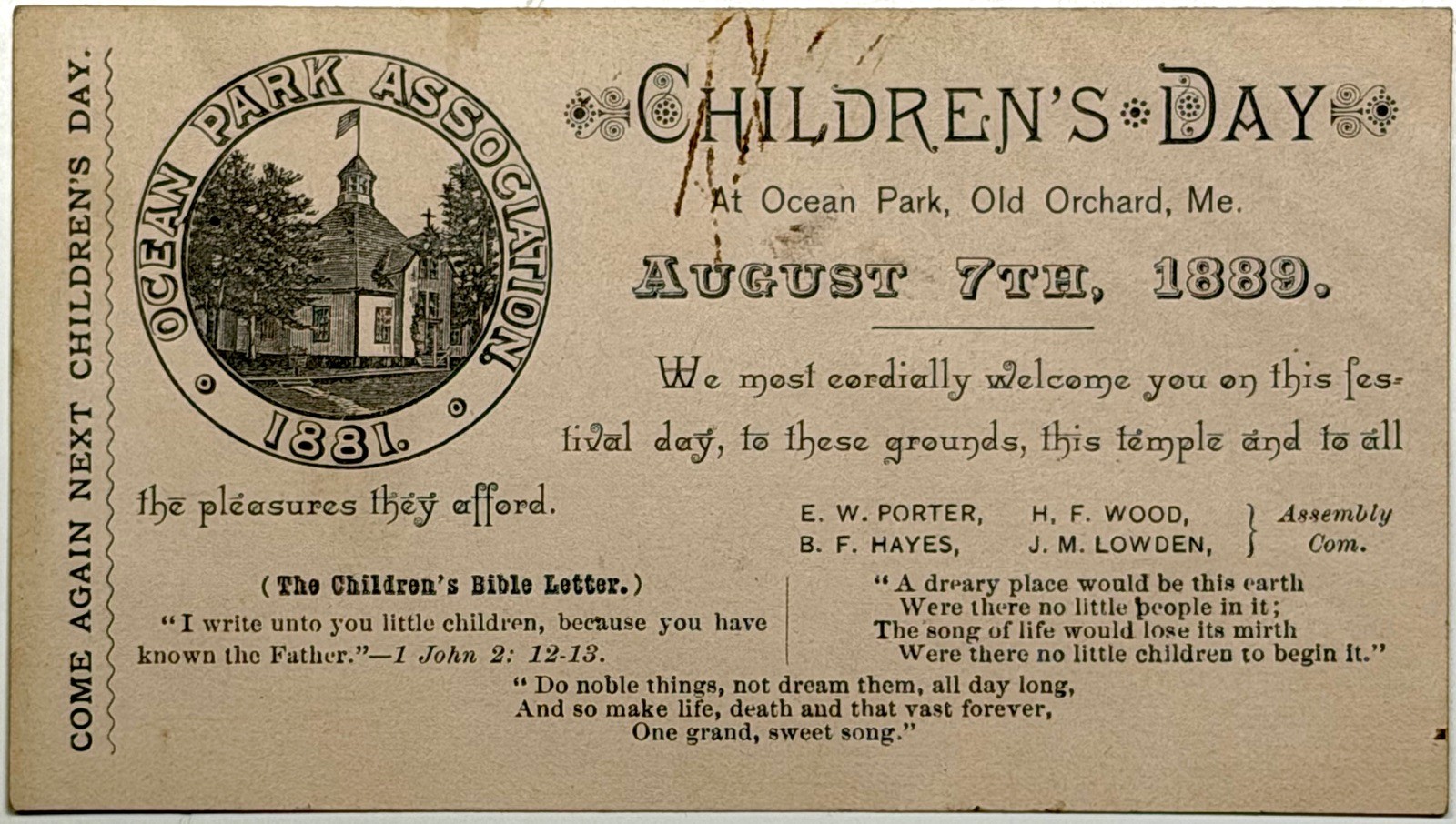 1889 OCEAN PARK OLD ORCHARD MAINE CHILDRENS DAY CARD FREE BAPTIST CHAUTAUQUA OPA