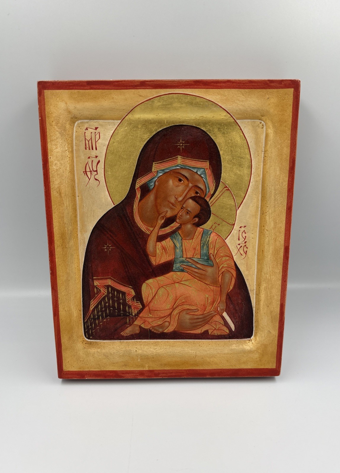 Hand painted Orthodox icon The Virgin Mary and Jesus Christ child Oil On Plaster