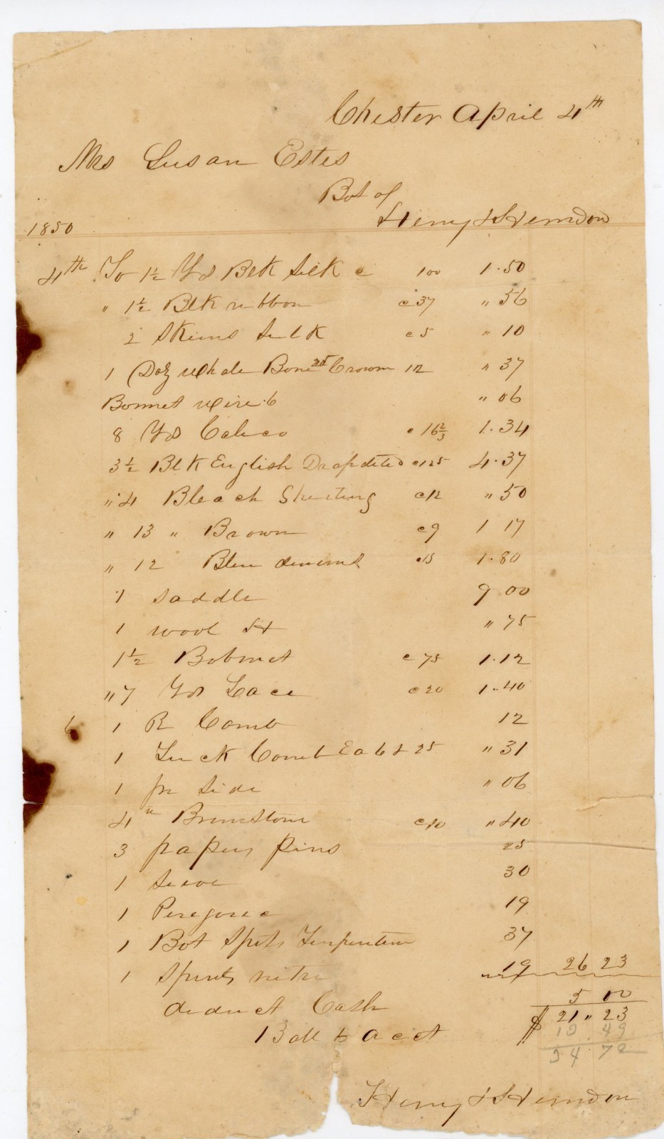 1850 Antique Handwritten Bill of Sale Receipt Chester SC Mrs Susan Estes General