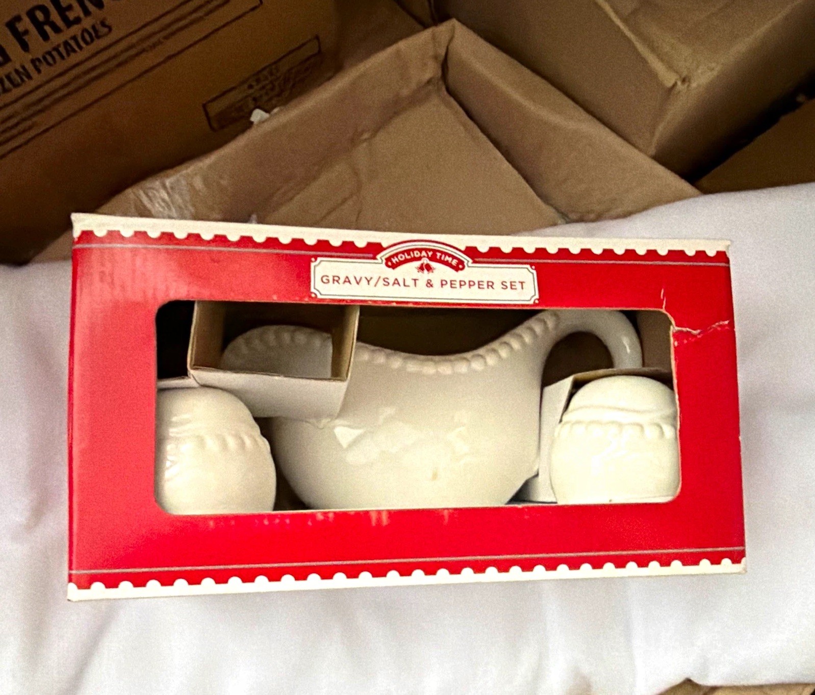 Holiday Time 3pc White Ceramic Gravy Boat w/ Salt & Pepper Shakers Set