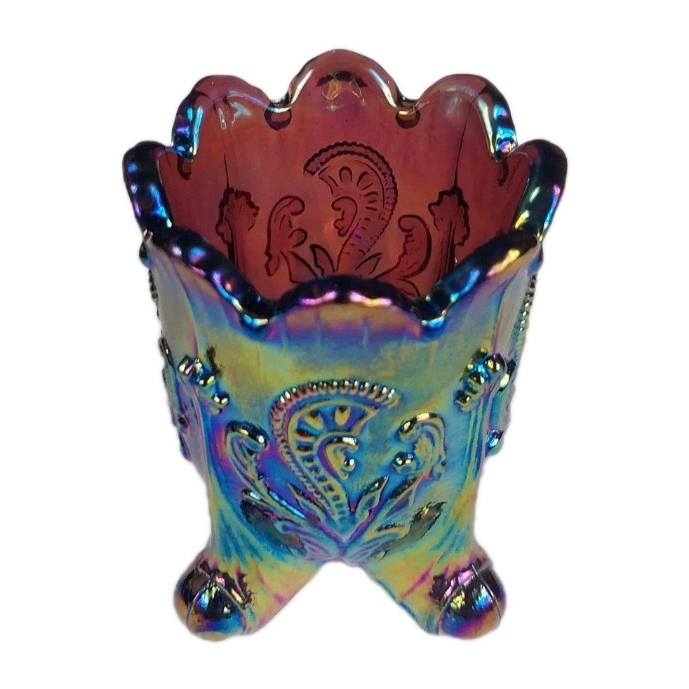 Vintage Joe St Clair Carnival Glass Inverted Fan and Feather Toothpick Holder