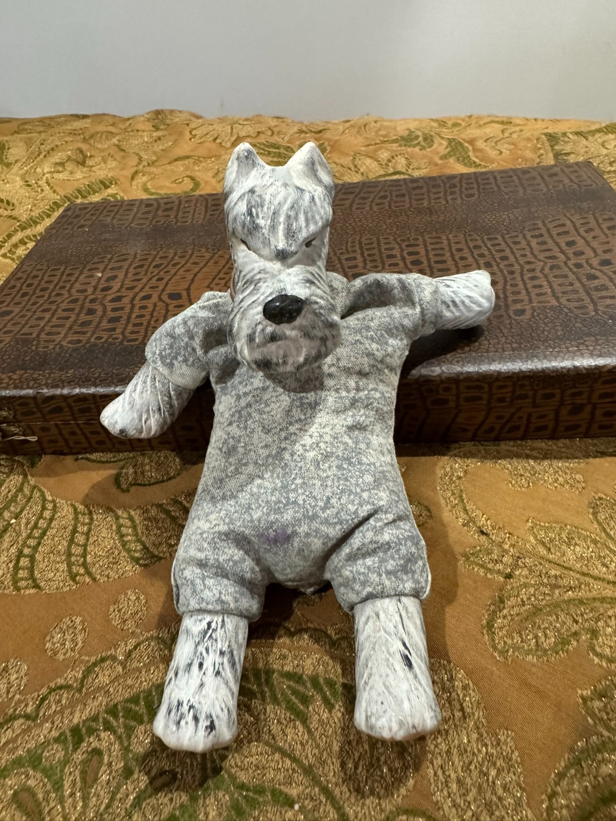 Vintage Schnauzer Dog Ceramic Head & Paws Bean Bag Plush Figurine Bell Collar
