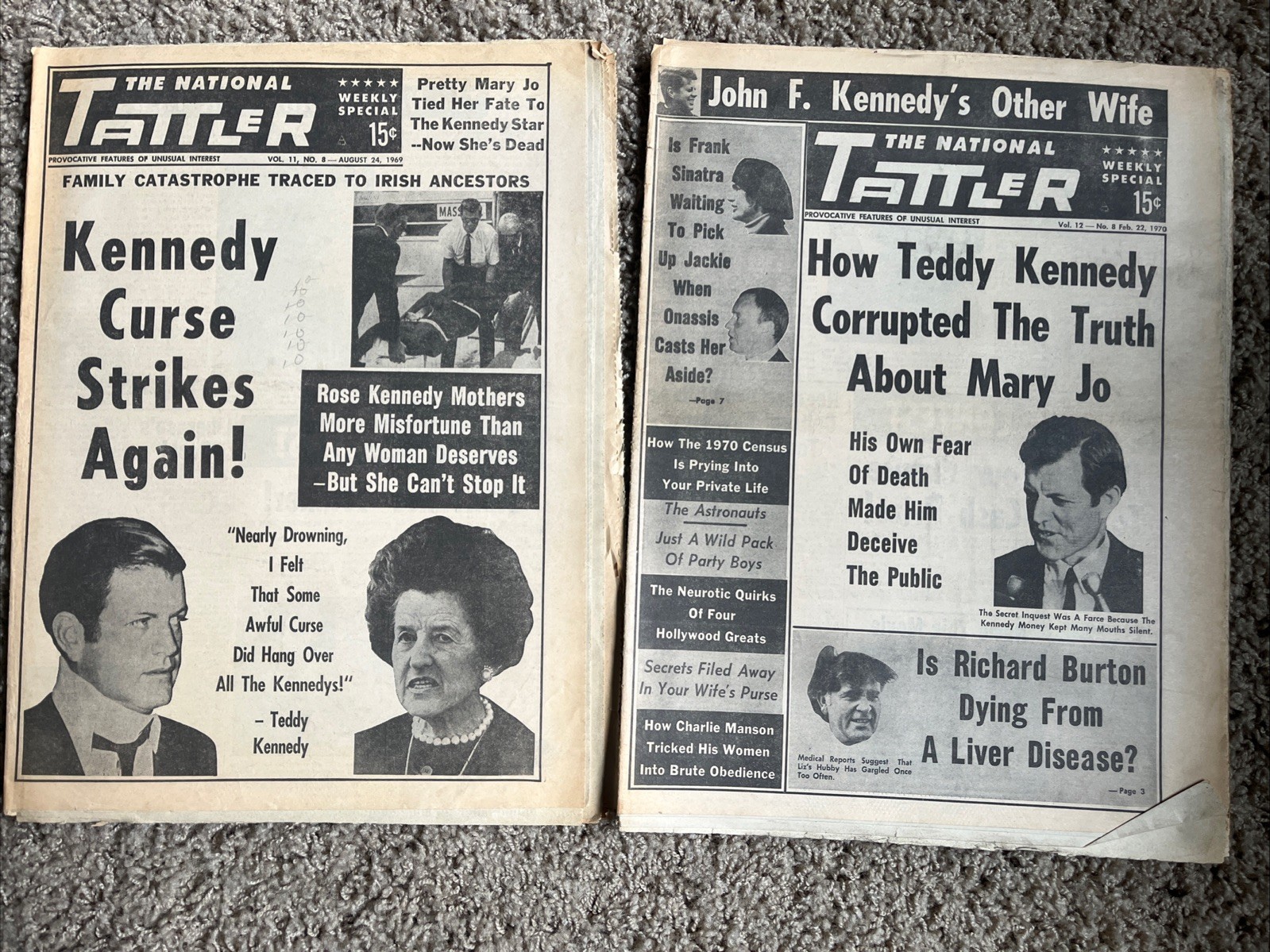 National Tattler Tabloids 1969, Teddy Kennedy, Hollywood & Sex +B&W Pics