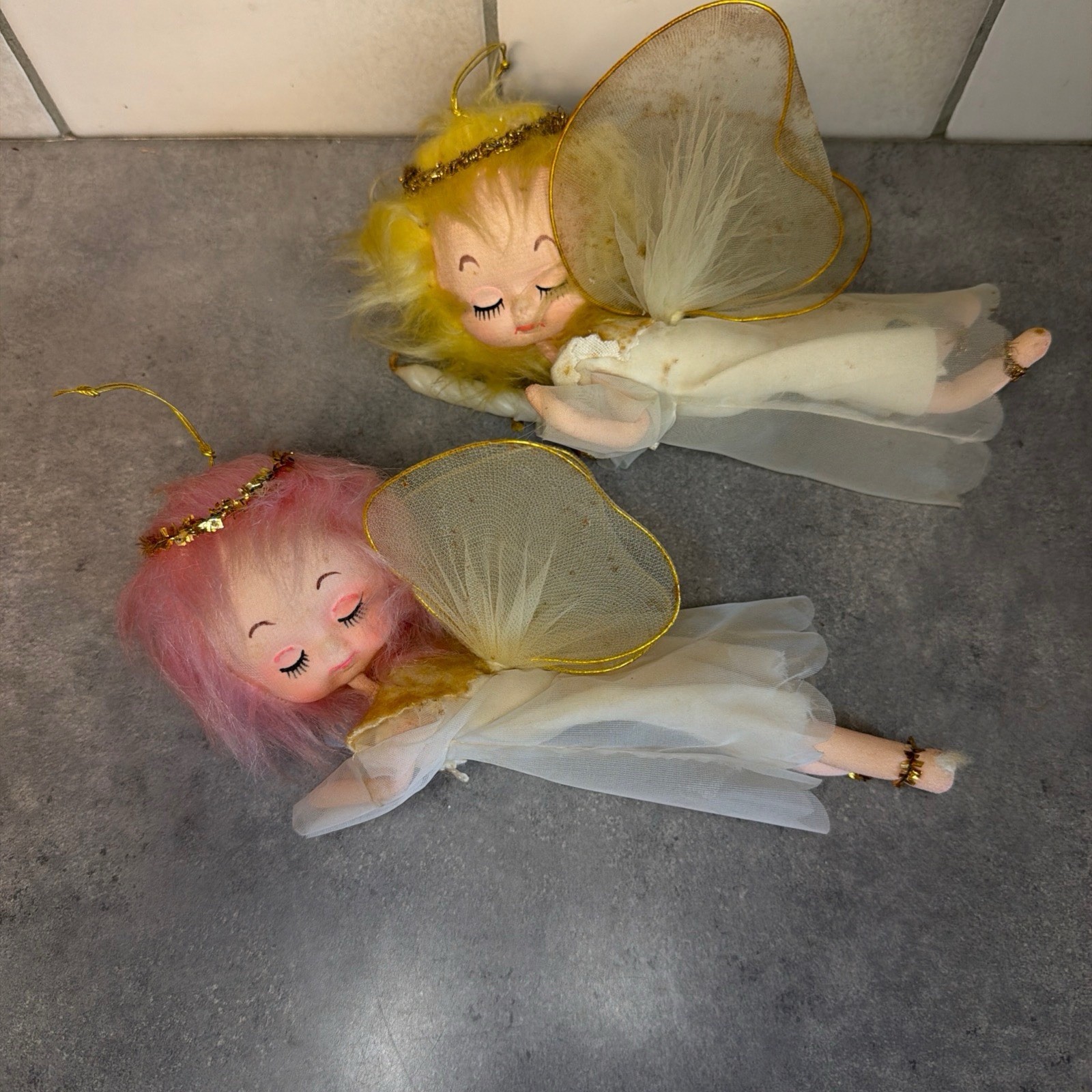 2 Vintage Pink Hair Angel Ornament Pixie Fairy Tulle Sleepy Eye 1960s Japan MCM