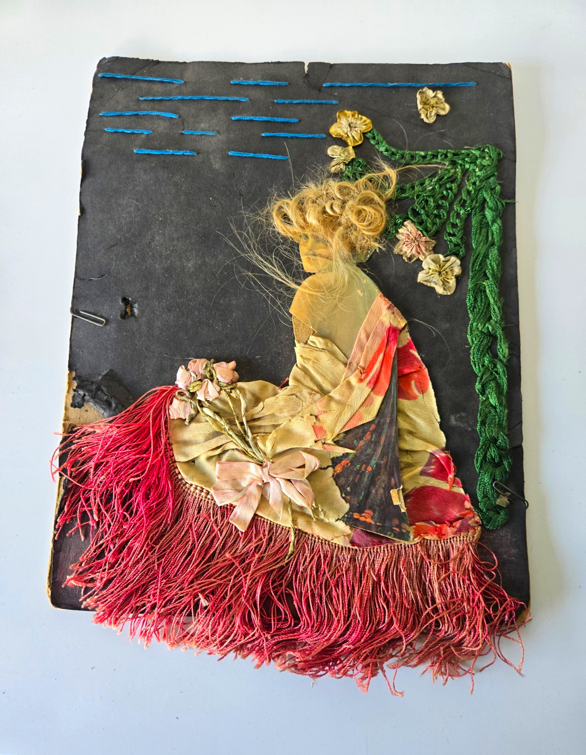 Antique Handmade Scrapbook Album Fabric Collage Cover Victorian Lady Red Fringe