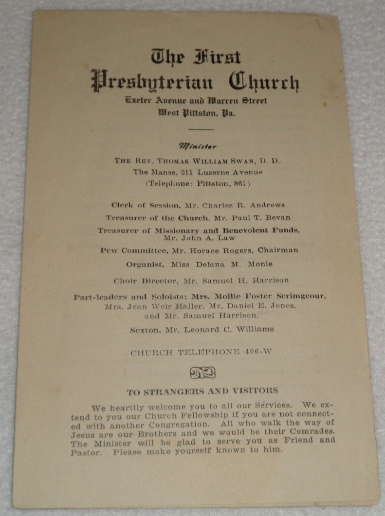 1926 First Presbyterian Church West Pittston Pennsylvania Antique Program