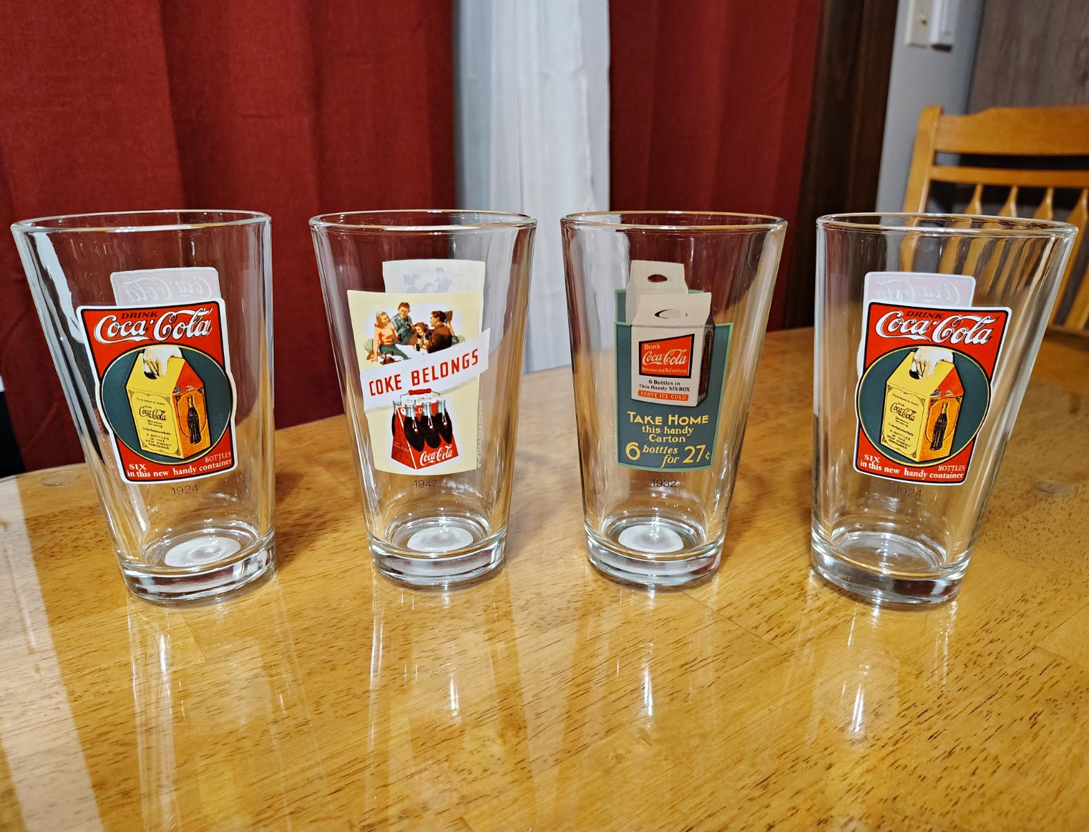 Coca-Cola Set of 4 Clear Vintage Advertising Drinking Glasses 1924-1947