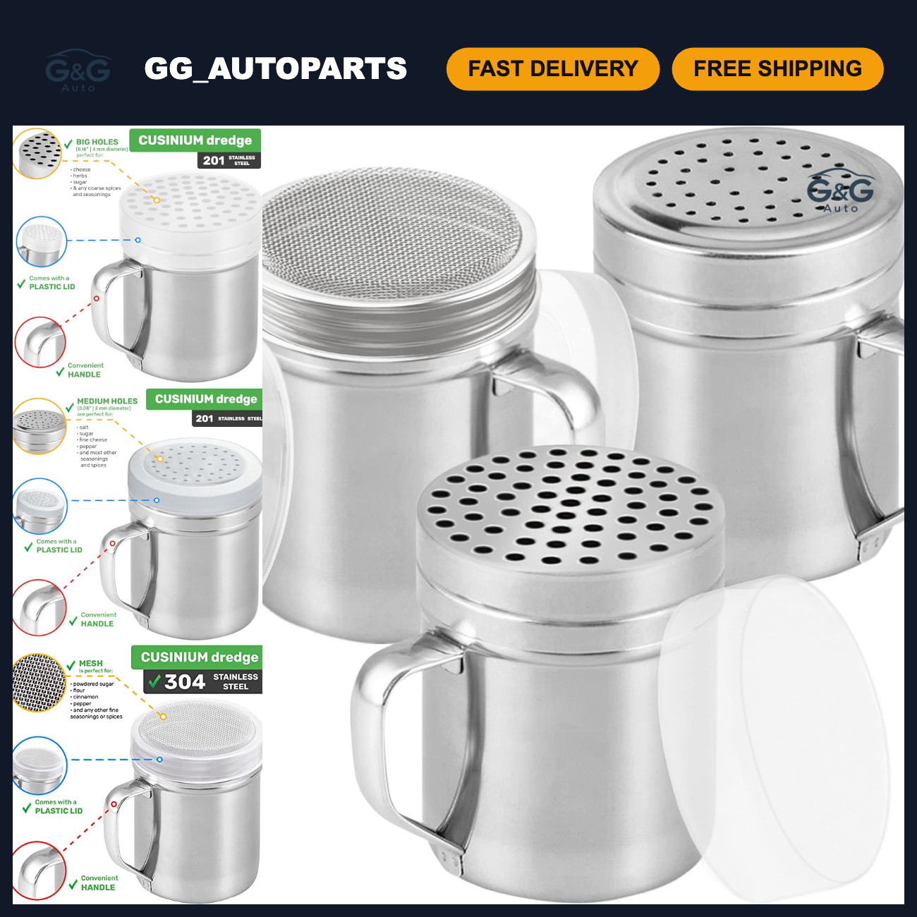 Set of 3 Stainless Steel Dredges - 10oz Fine, Medium & Large Hole Shakers