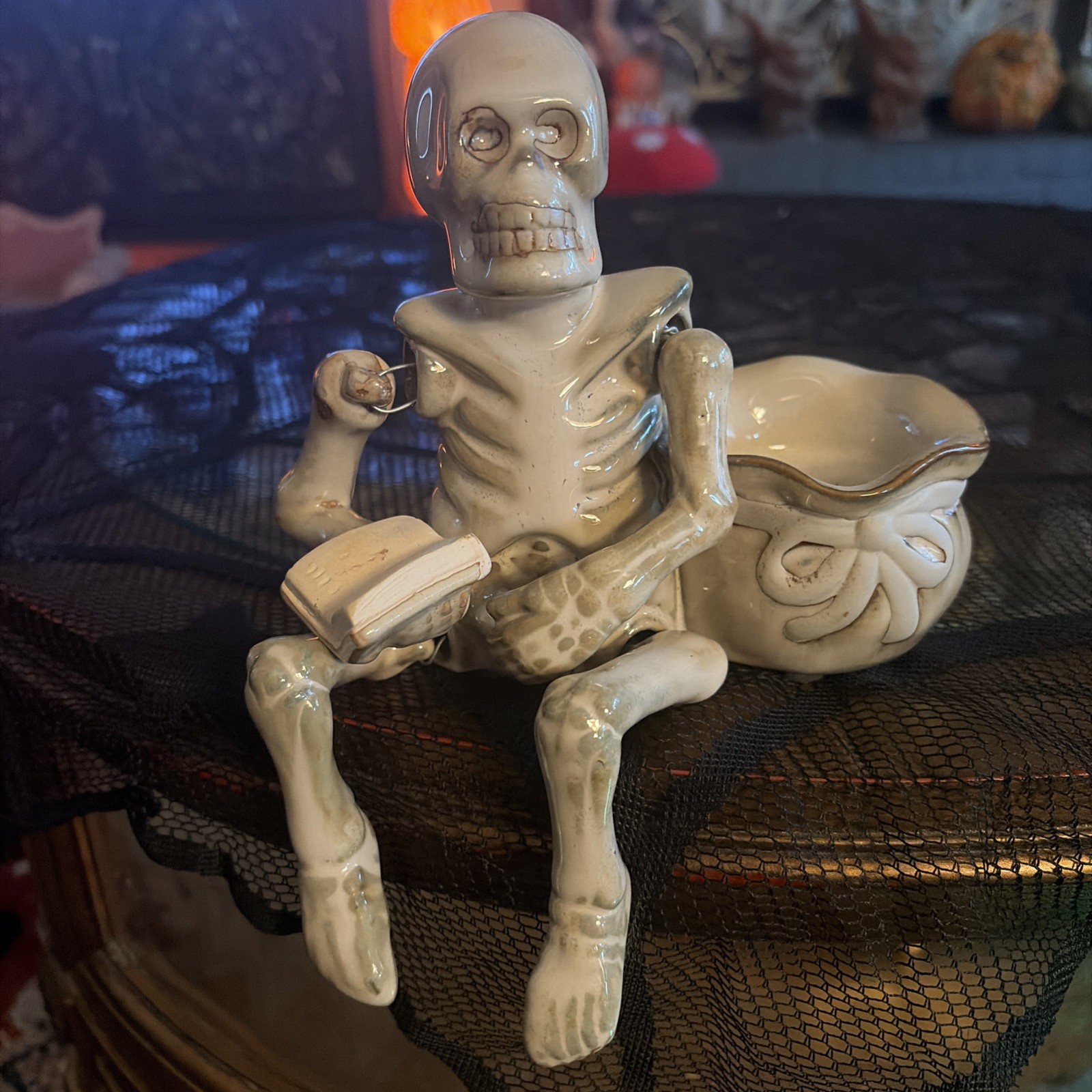 Vintage Glazed Ceramic Articulated Skeleton Tea Light Candle Holder Shelf Sitter