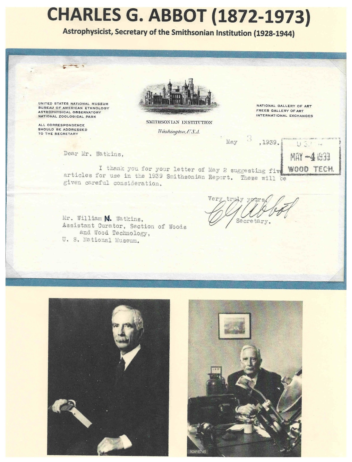 CHARLES G. ABBOT (1872-1973) - Astrophysicist - Autograph Note