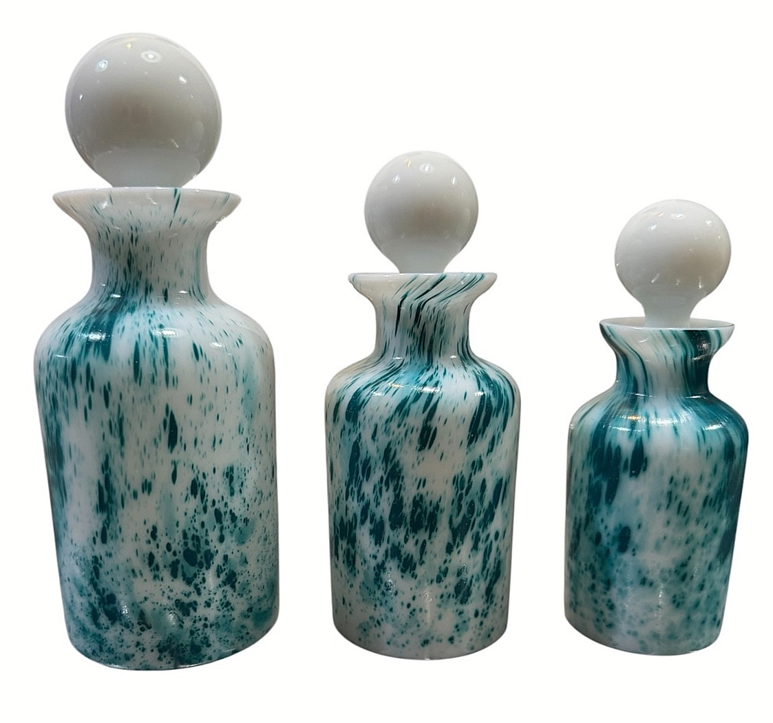 3 PORTIEUX VALLERYSTHAL GREEN & WHITE PAPILLION PERFUME BOTTLE SET WITH STOPPERS