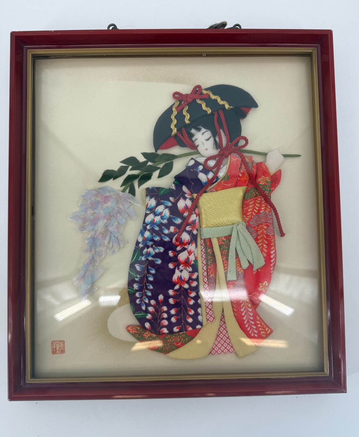 Vintage Japanese Kimono Fabric Art Shadow Box Geisha Wall Decor 11x11