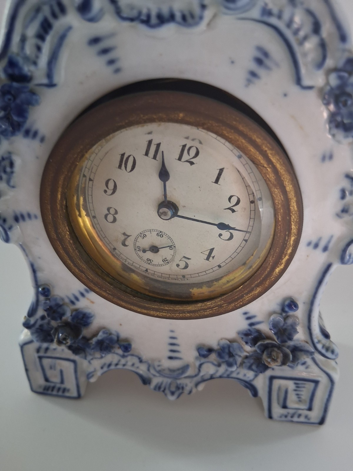 Old Porcelain Mantle Clock. Blue And White Old Porcelain Mantle Clock. Blue And White