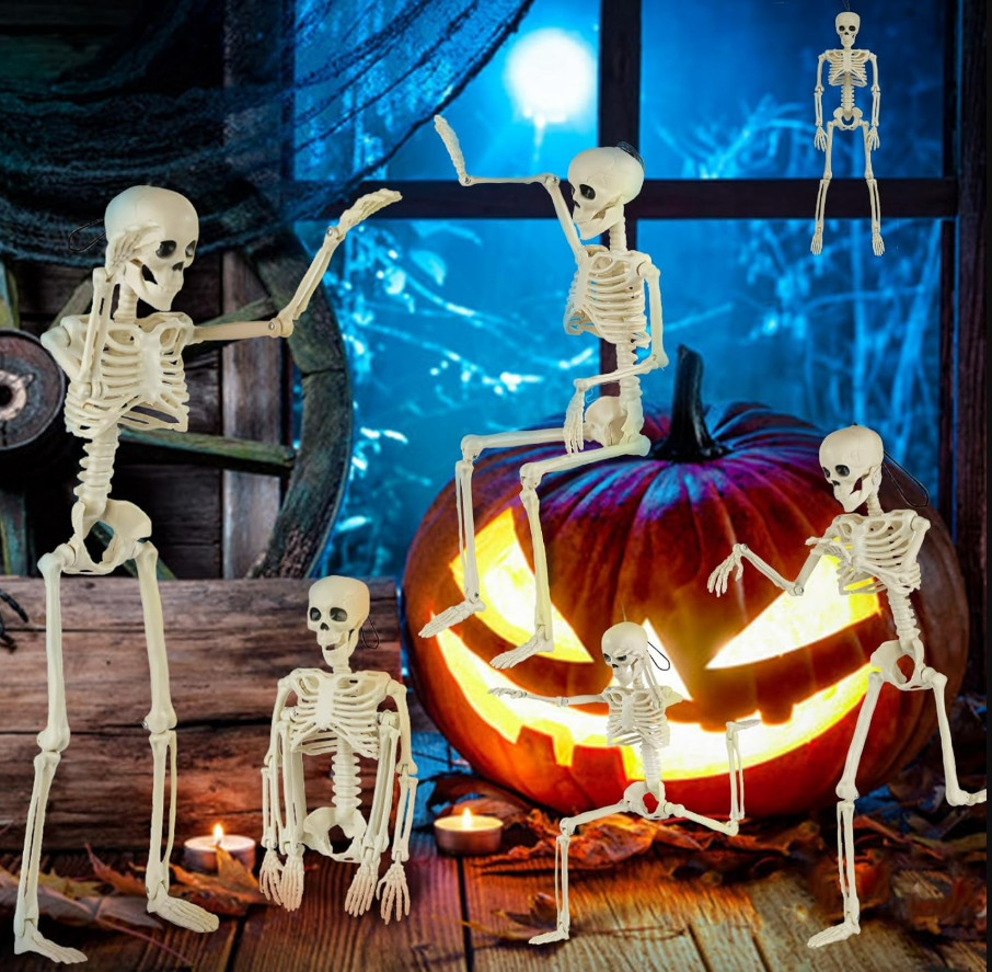6 Pack 16in Full Body Posable Skeleton Halloween Outdoor Yard Party Decor Set