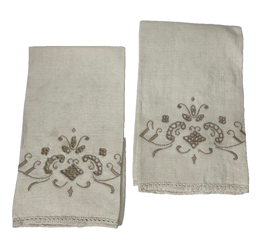 Vintage Set 2 Ecru Linen Guest Towels Cutwork Hand Embroidered Hemstitch 20x14