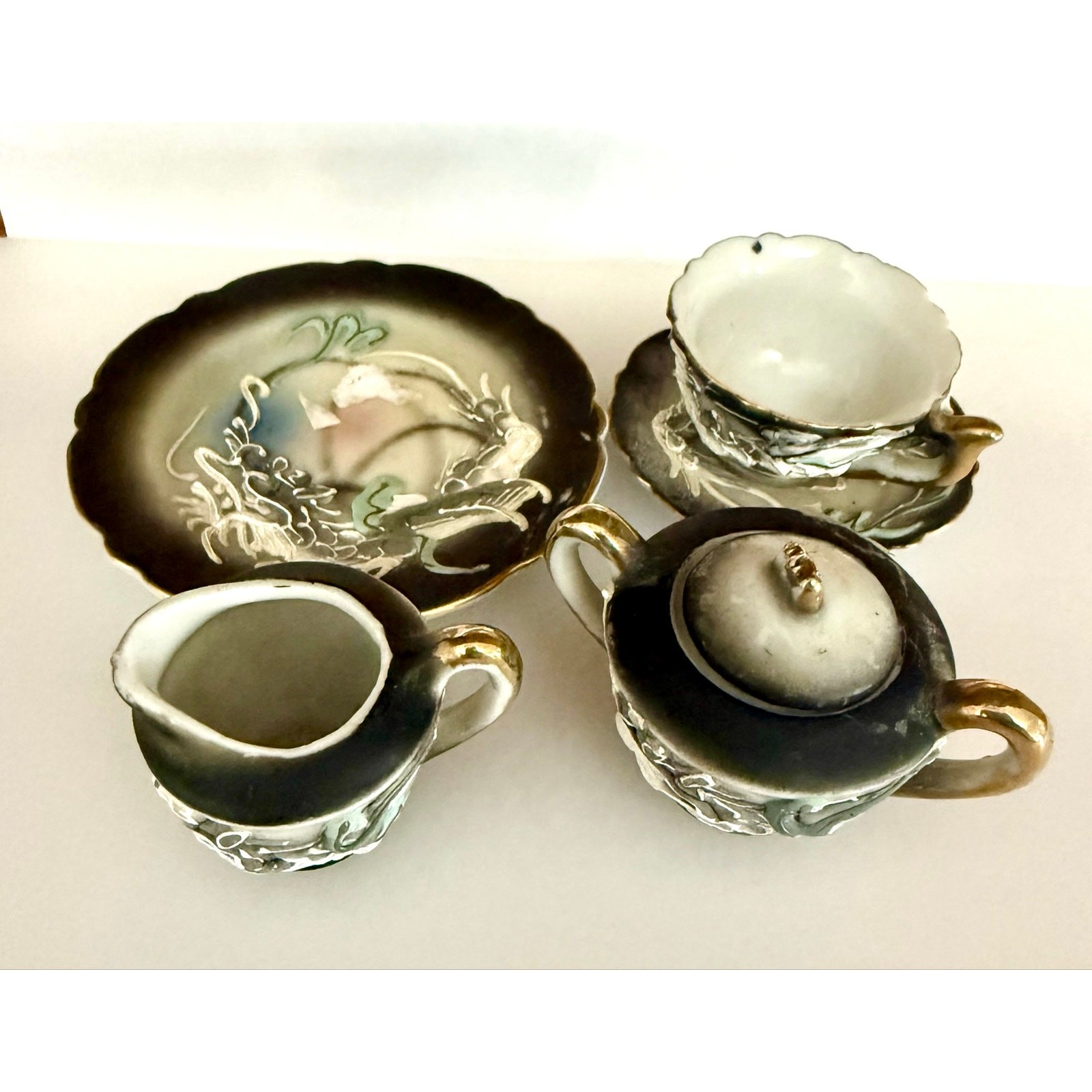 Vintage Japanese Moriage Dragonware Miniature Tea Set 5 Piece Grey White Gold