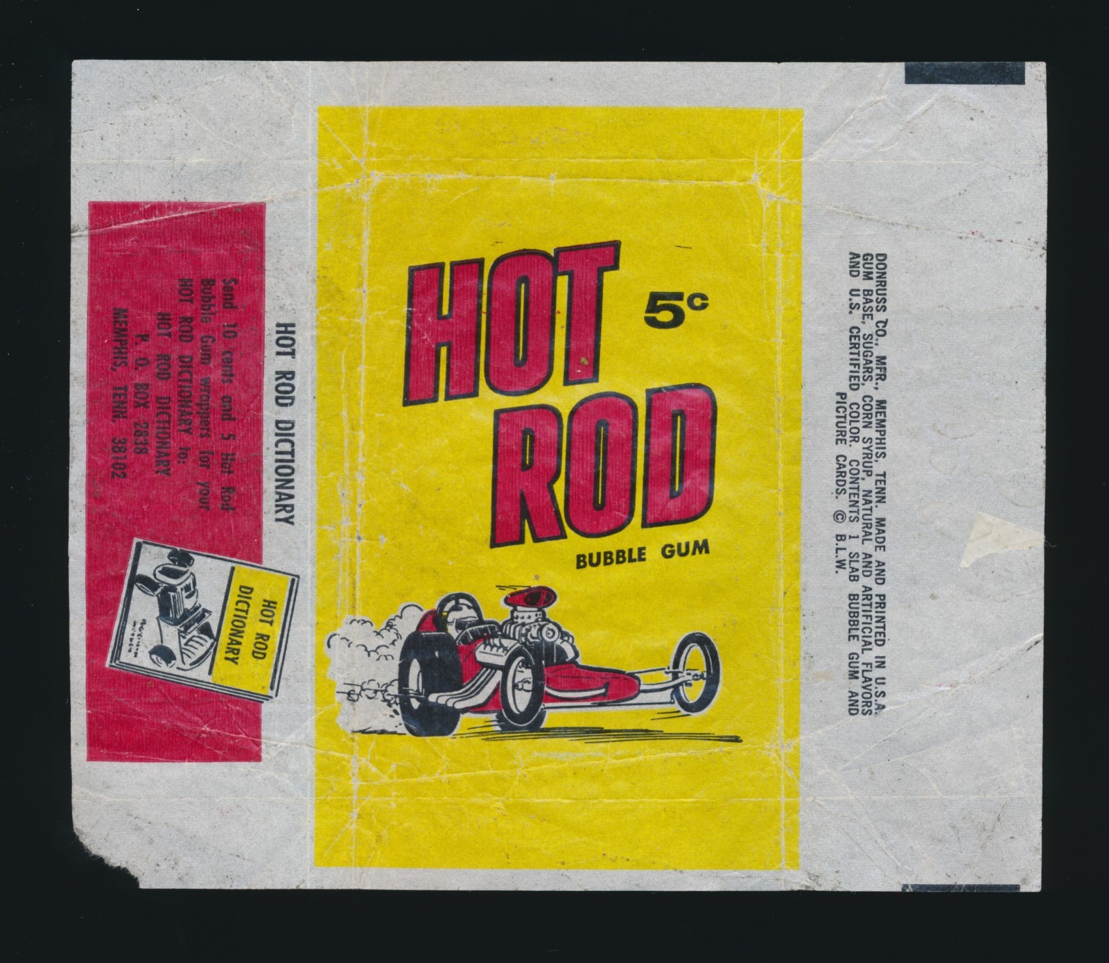 1965 Donruss SPEC SHEET (HOT ROD) -Original 5-Cent WRAPPER (Yellow Design)