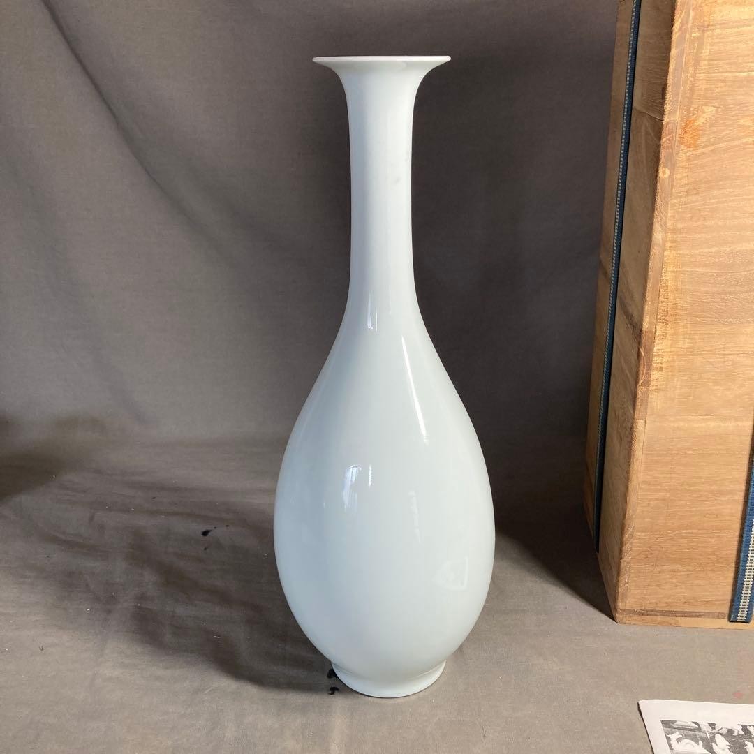 Arita Hichozan Towatari Toroku Celadon White Porcelain Crane Neck Vase Box