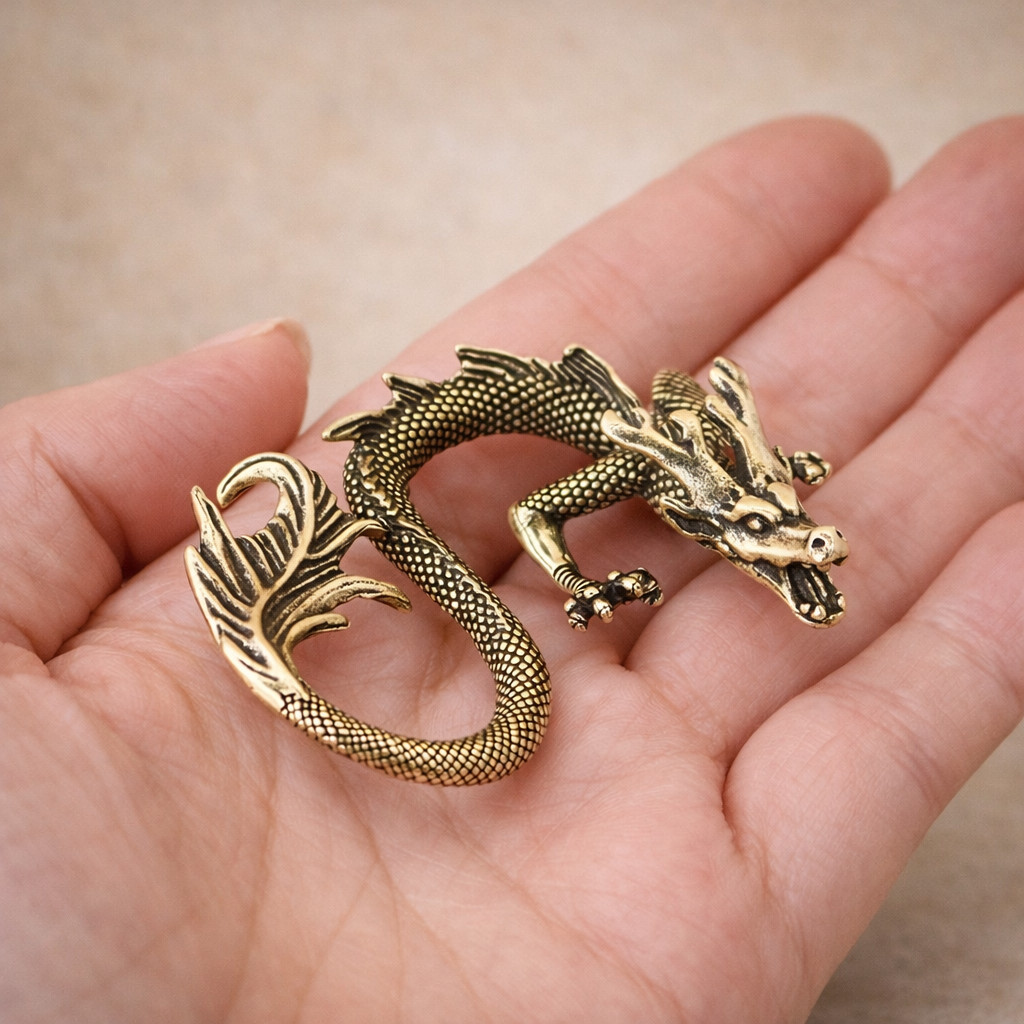 Vintage Metal Dragon Figurine Handmade Brass Style Mini Dragon Symbol Decor 2 in