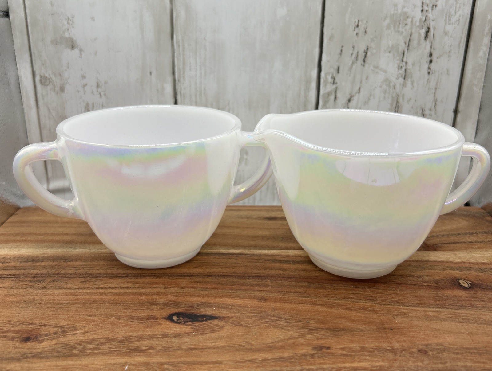 Vintage Federal Glass Moonglow Iridescent Milk Glass Sugar Bowl & Creamer Set