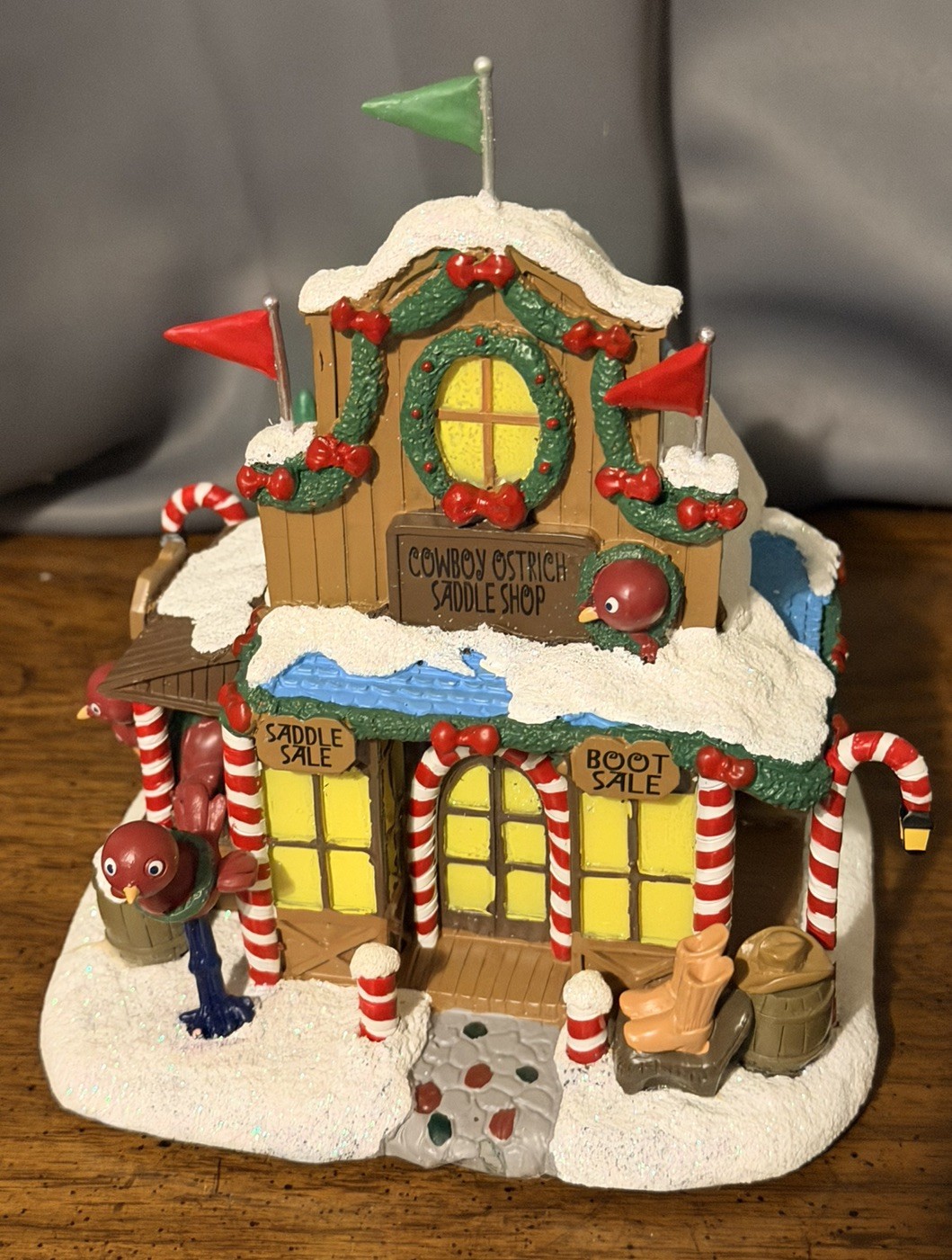 BRAND NEW Hawthorne Village Rudolph\'s Christmas Ostrich Cowboy Saddle Shop RARE