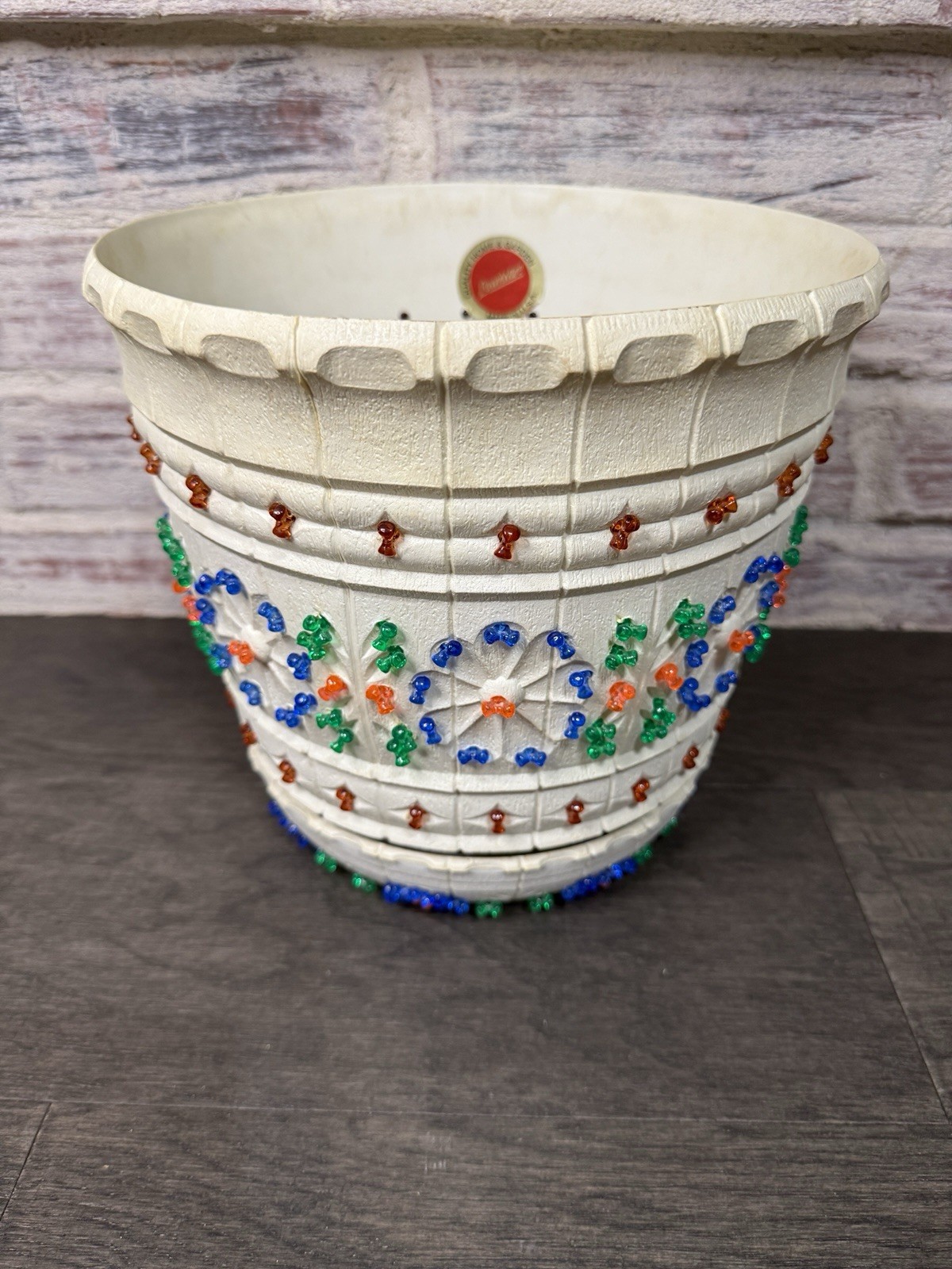 Vintage 70’s MCM Lawn Ware Flower Pot Planter Beaded Colorful Large Rare