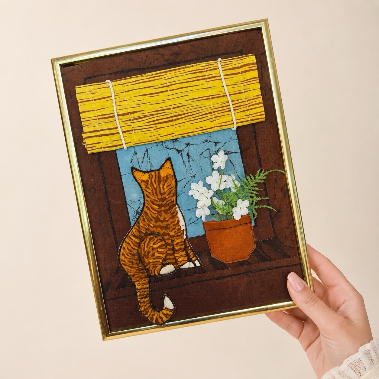VTG 1982 Cat Window Floral Wall Art Ruth Petersen Jellema Fabric Stitched 12”x9”