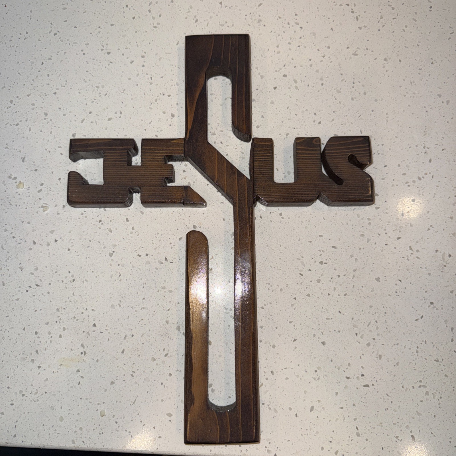 Vintage Handcrafted Thick Wood 14” Cross Sculpture Cut Out Jesus Letters Vintage Handcrafted Thick Wood 14” Cross Sculpture Cut Out Jesus Letters