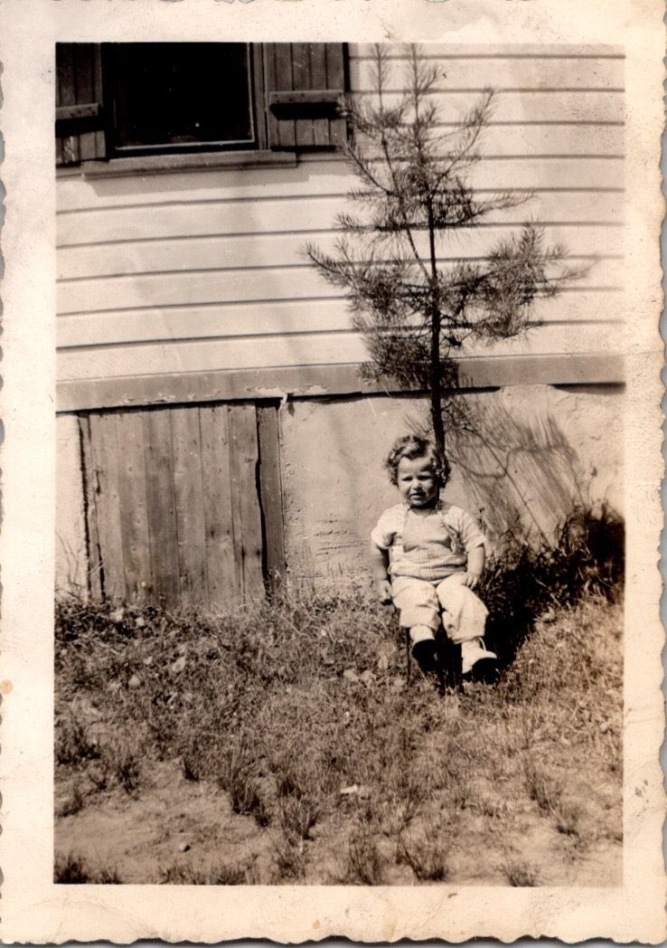 Toddler Child Seated by House 1941 Snapshot Photograph Americana Deckle Edge