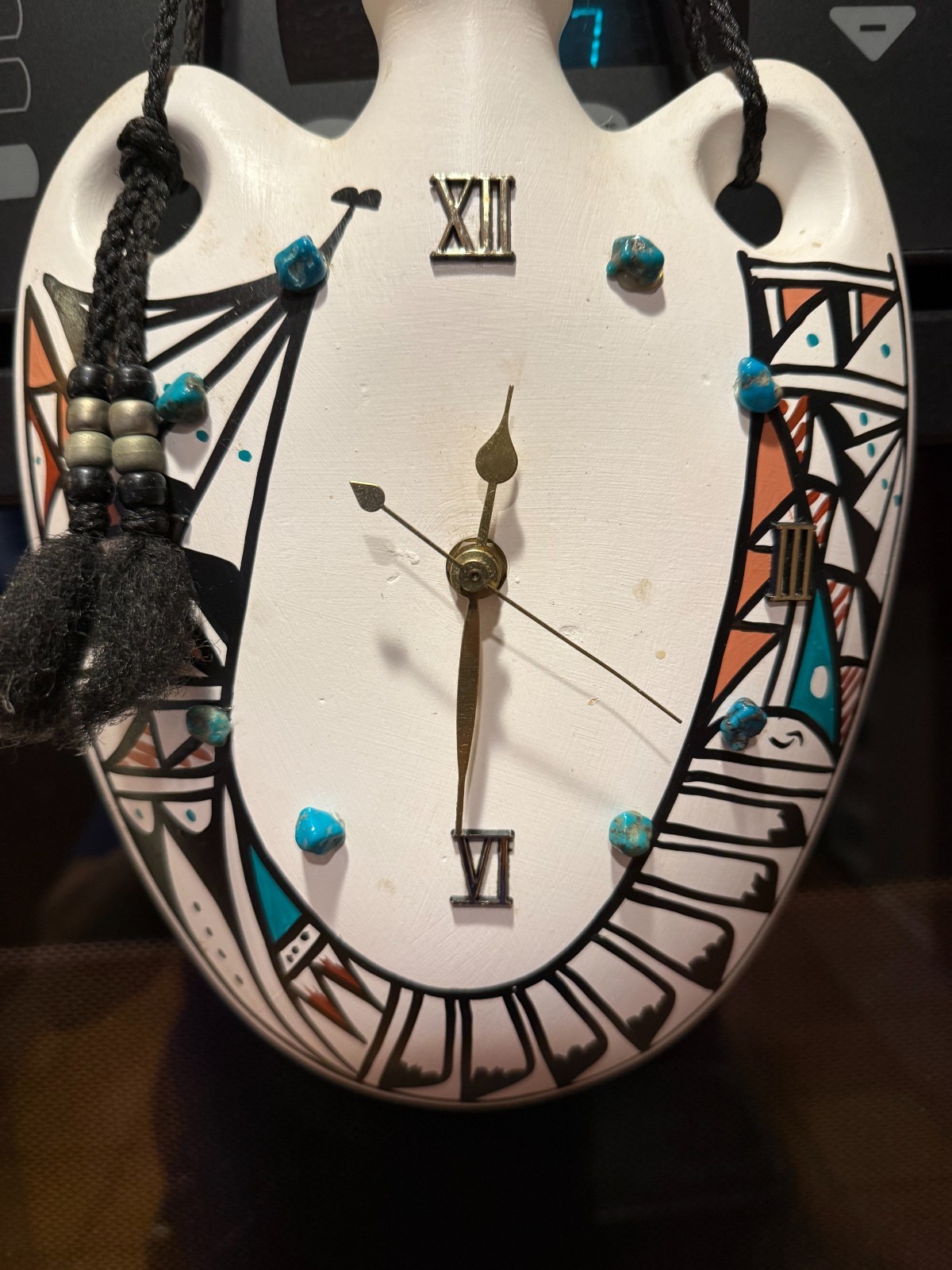 Native American Clock Painted Turquoise Nuggets Pottery 10