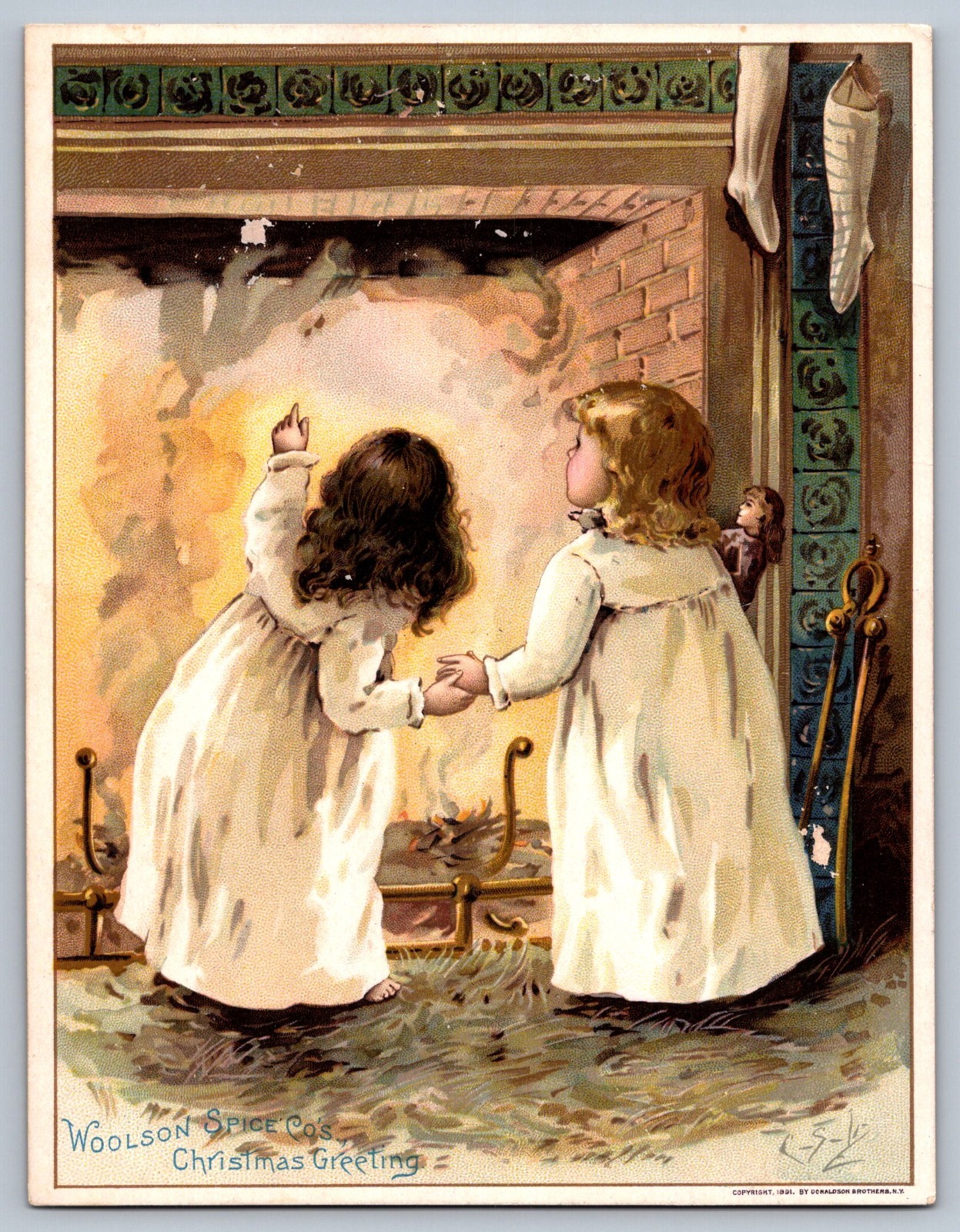Large Trade Card Woolson Spice Christmas Greeting Girls Looking Up Chimney P249 Large Trade Card Woolson Spice Christmas Greeting Girls Looking Up Chimney P249