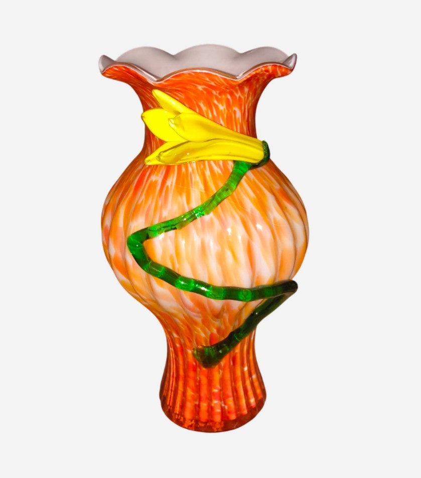 Vintage HAND LOWN Rib Curvy GLASS Applied FLOWER & STEM Mottled ORANGE 10¾\