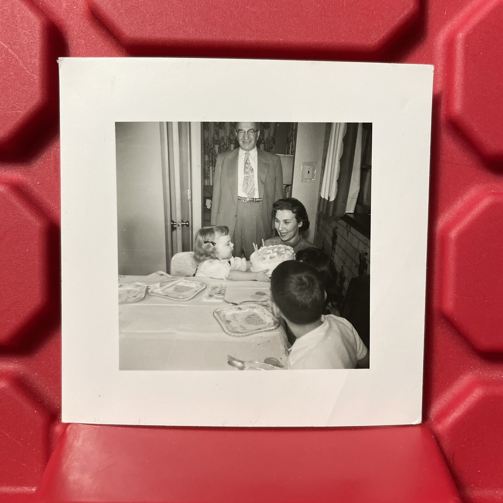 Young Girls Birthday Party With Cake 3 1/8 x 3 1/8 Photograph Pre Owned Vtg 1956