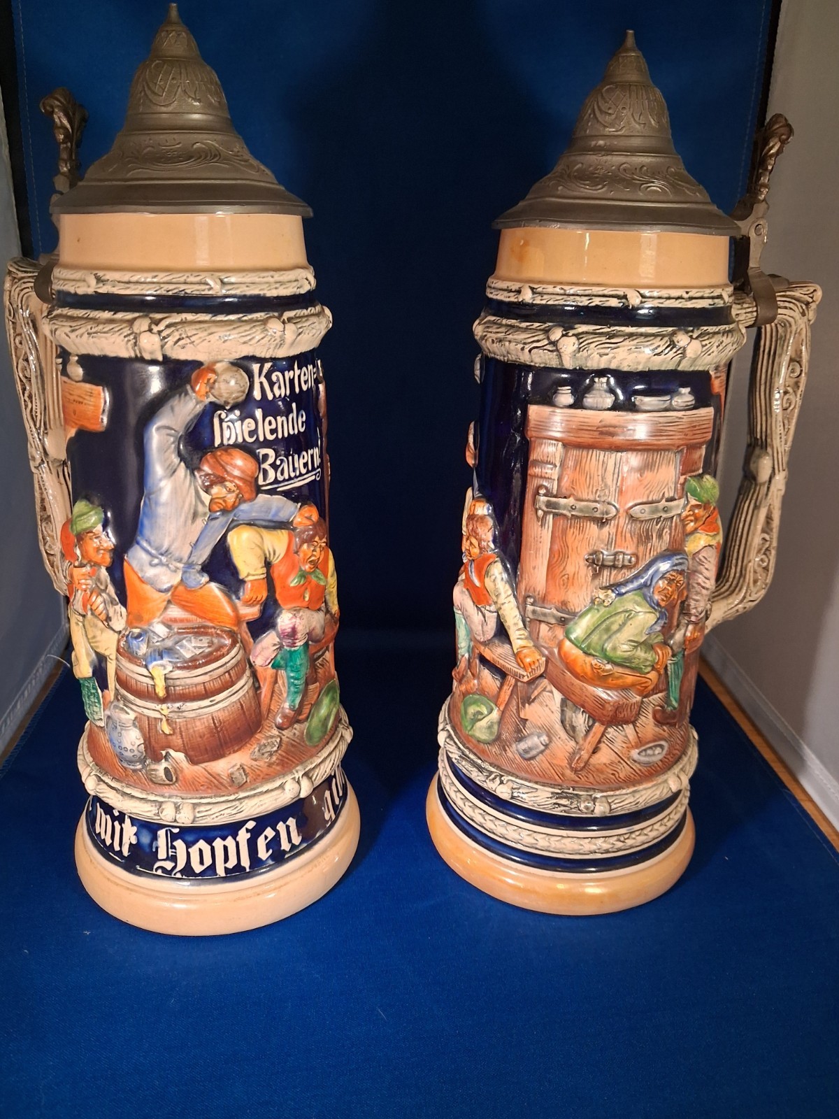 Set Of 2 Antique Gerz Beer Steins W/Pewter Lids. 1 1/4 L.  Approx. 13.5\