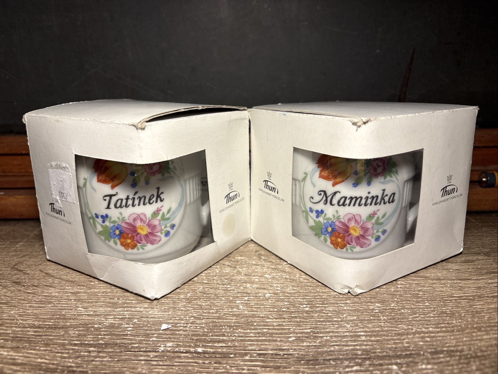 Vintage Thun Czech Karlovarsky Porcelain Mom Dad Mug Set Maminka Tatinek A9