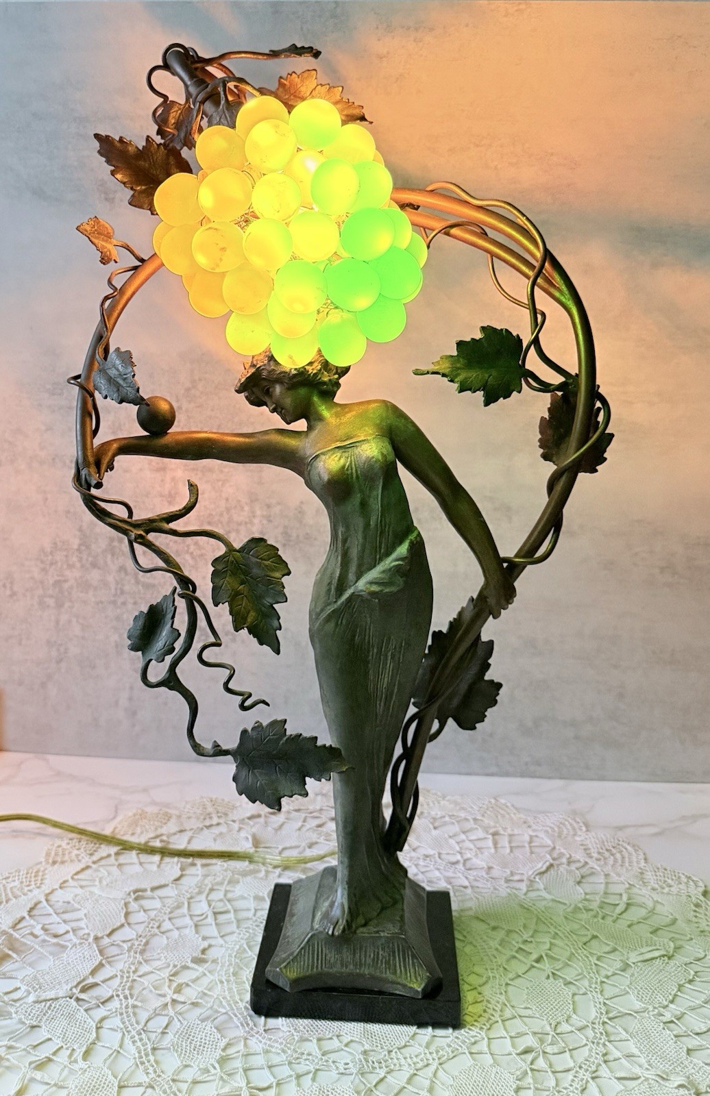 Art Nouveau Figural Table Lamp, Lady with Grapes on Marble Base, L.Beck Germany 