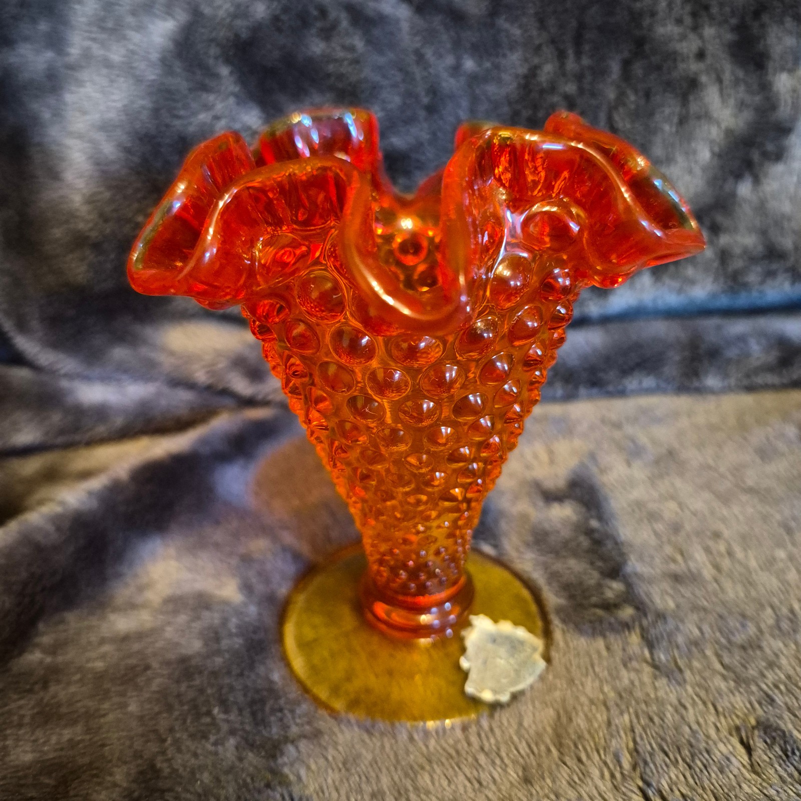 Vintage Fenton Glass Hobnail Mini Ruffled Trumpet Vase Amberina Orange/Yellow