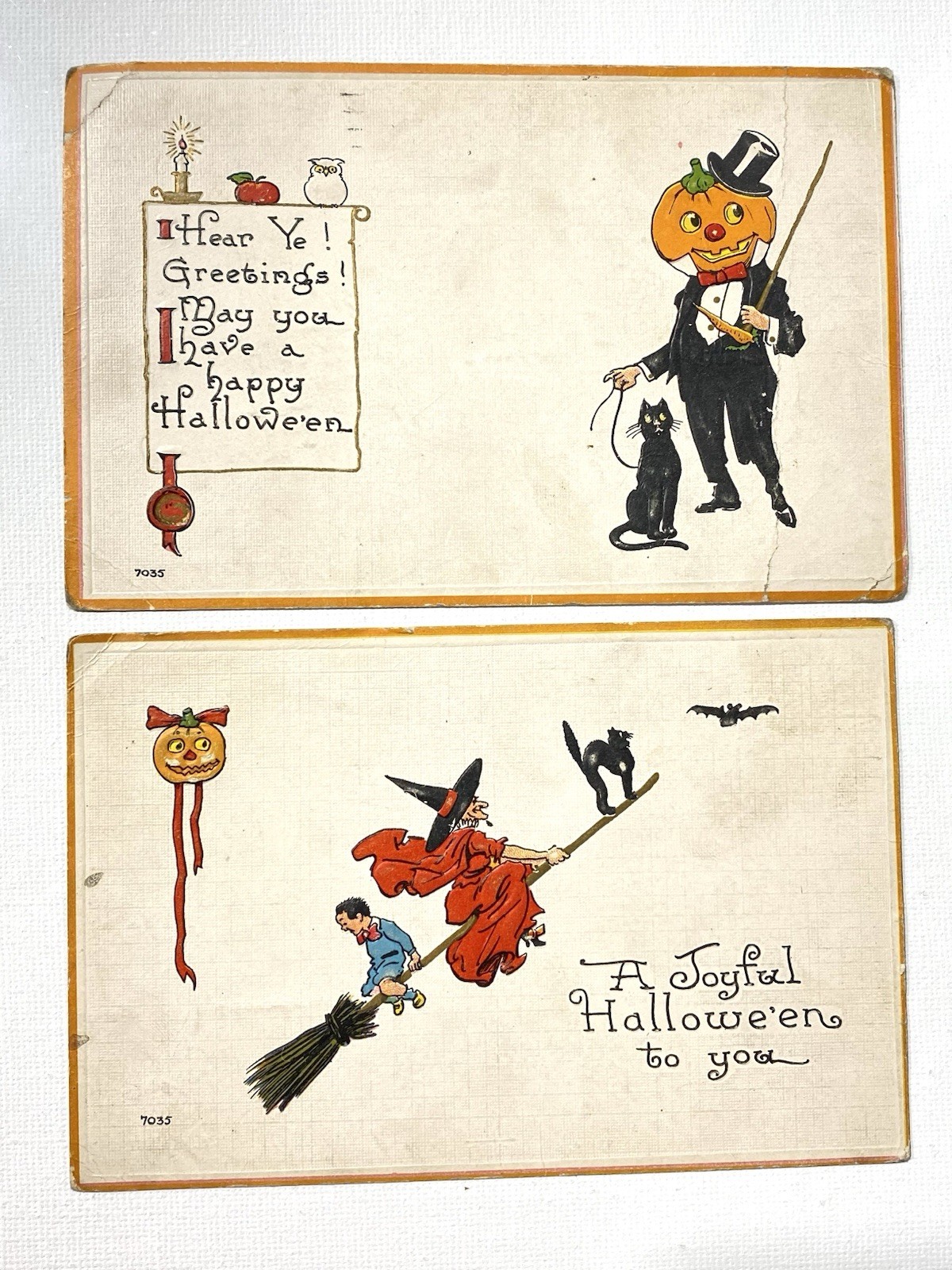 Halloween 2 Postcards Embossed S Bergman NY 1912 Witch Jack O Lantern Post 1915