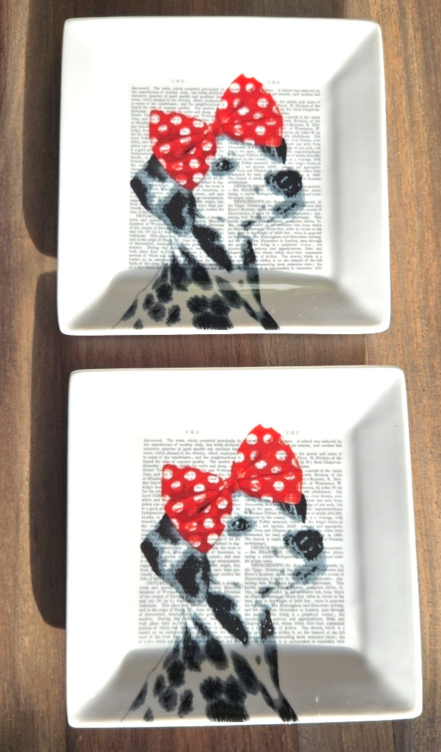 (2) Dalmatian Dog China Plates Square Dog Art Fur Baby Fab Funky Decor
