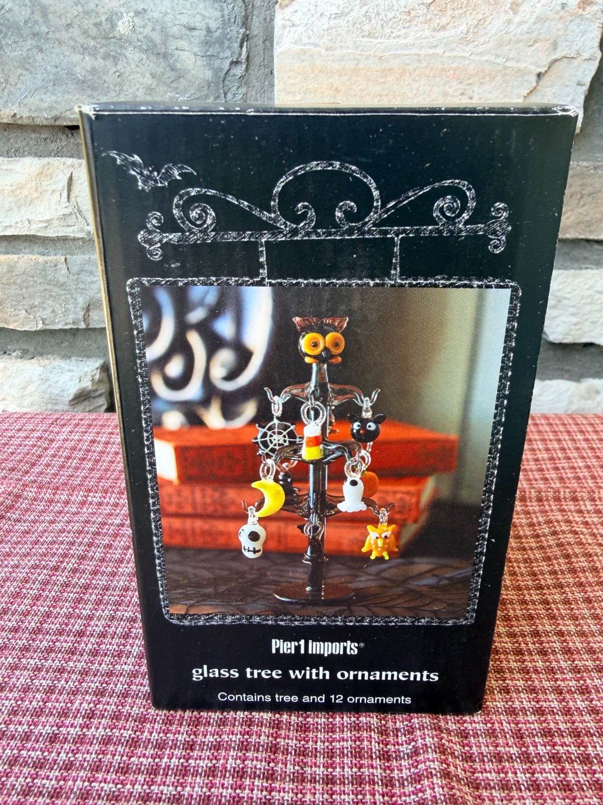 Pier 1 Imports Halloween Blown Art Glass Mini Tree with 12 Ornaments 5.5” - NEW