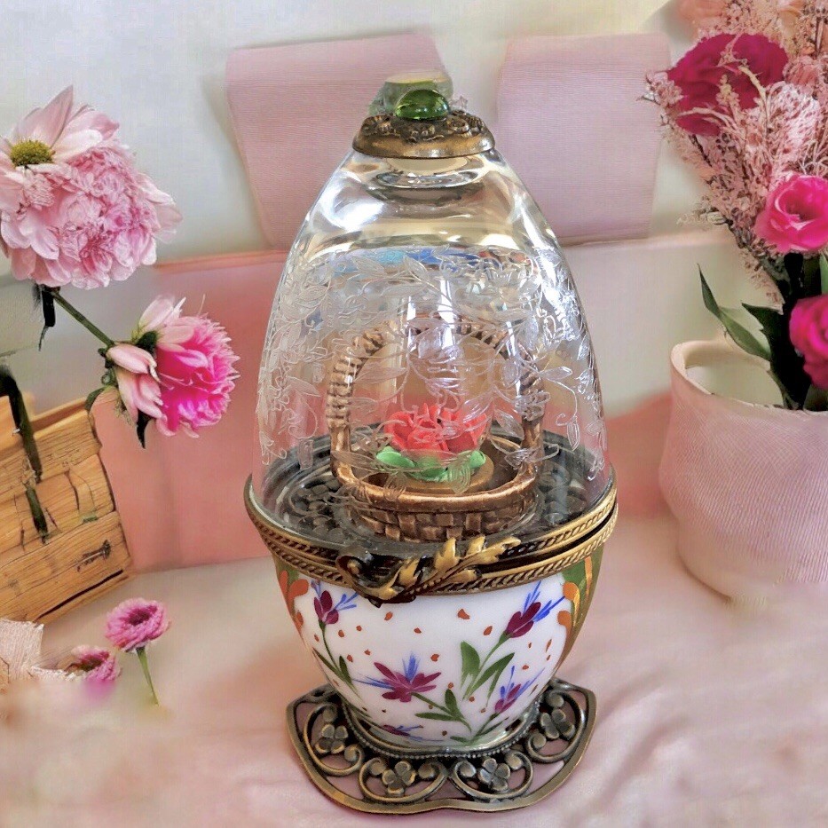 La Gloriette Limoges Porcelain Egg Diorama Trinket Box Clear Crystal Jewel Lid