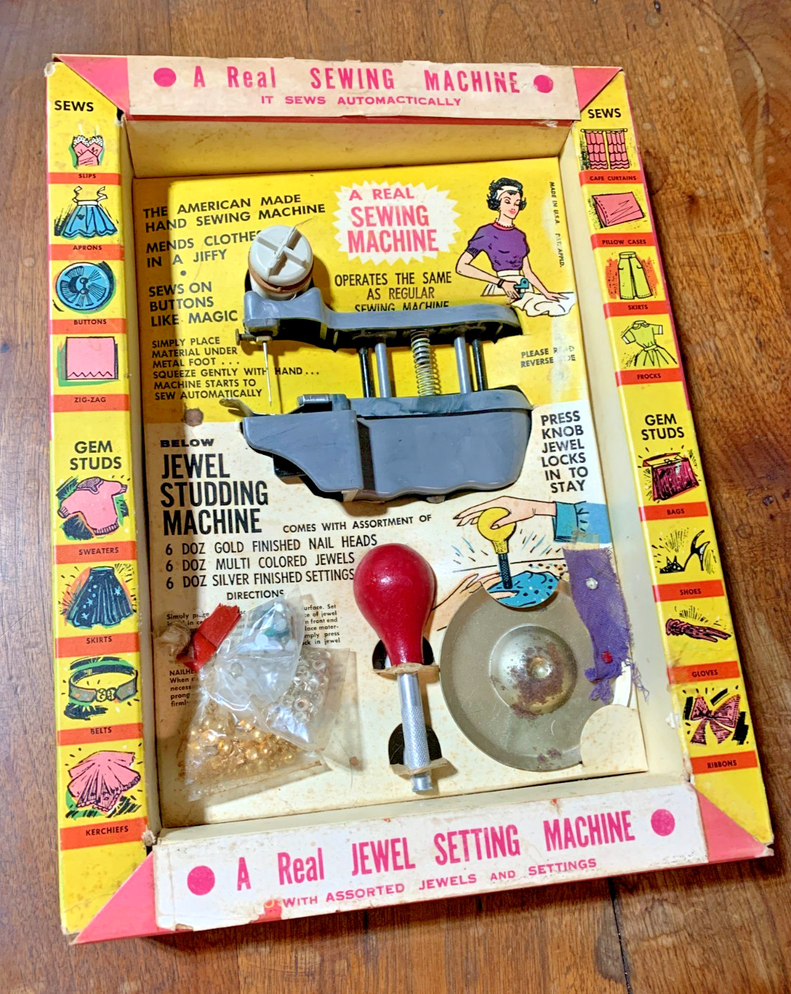 Vintage Handheld Sewing Machine Stud Setter Set Toy Judy Jewel Company NJ 1950\'s