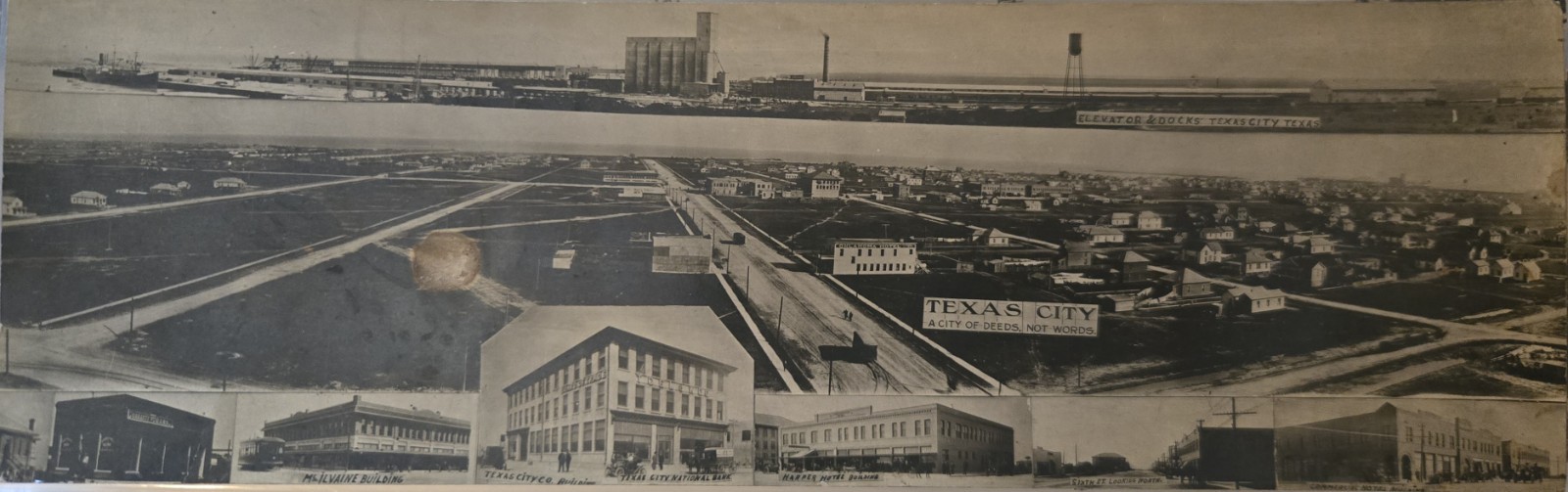 c1913 Texas City TX A City of Deeds Panoramic RPPC Docks Bank Hotel