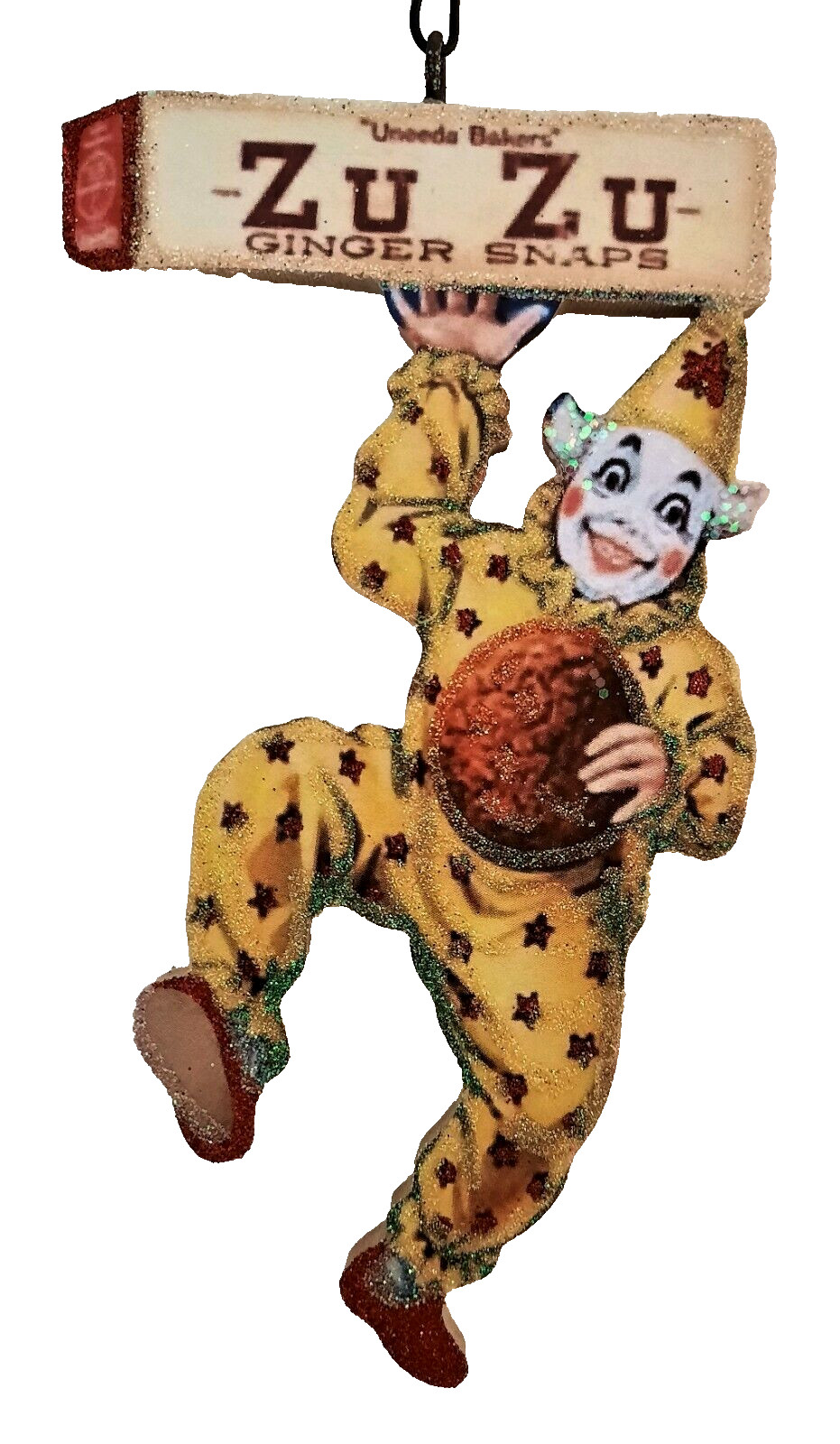 ZUZU GINGER SNAPS - CLOWN - BISCUIT * Glitter CHRISTMAS ORNAMENT * Vtg Img