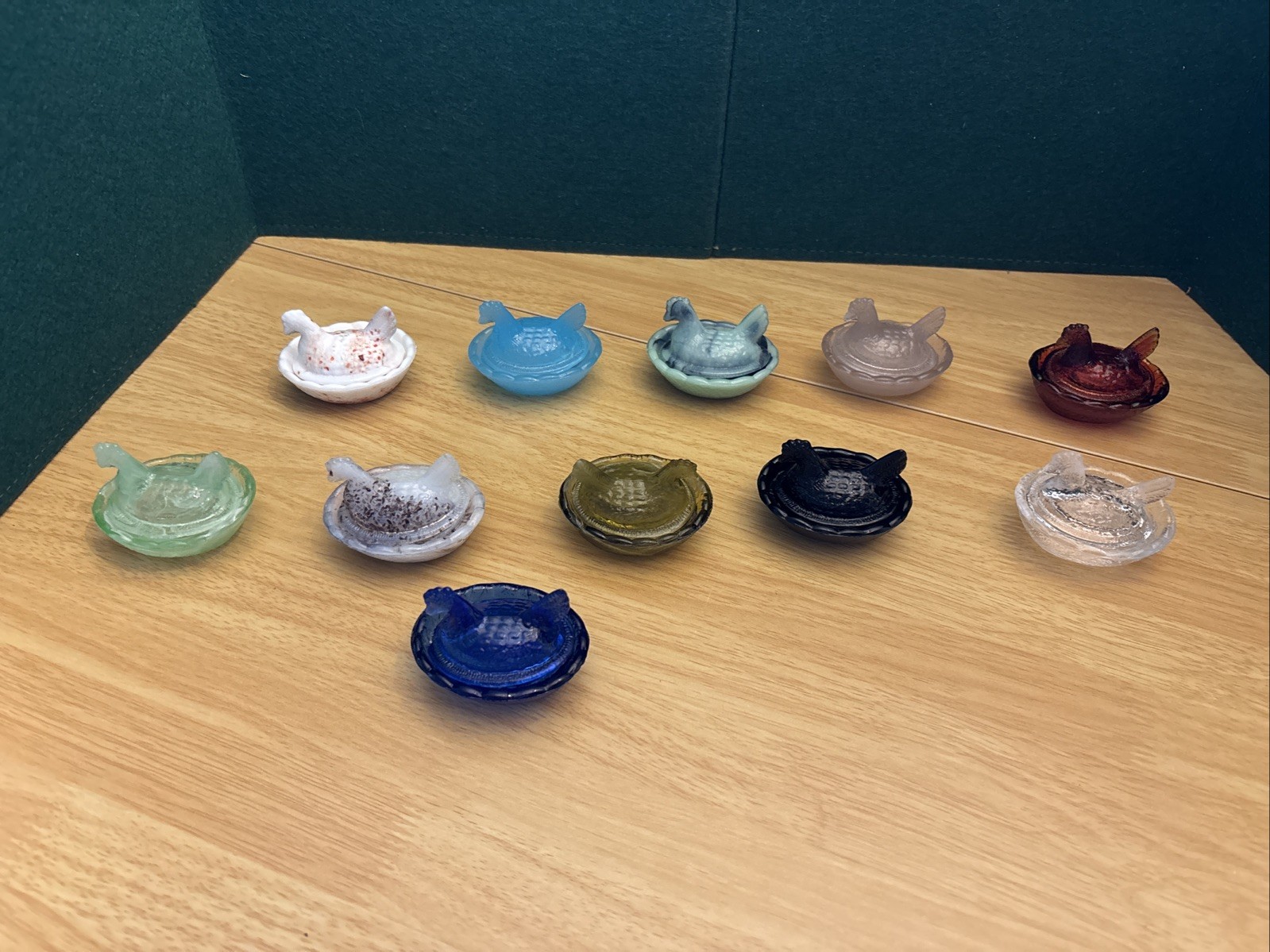 Lot of 11 Vintage Mini Hen on Nest Glass Salt Cellars Mixed Colors 2.5”