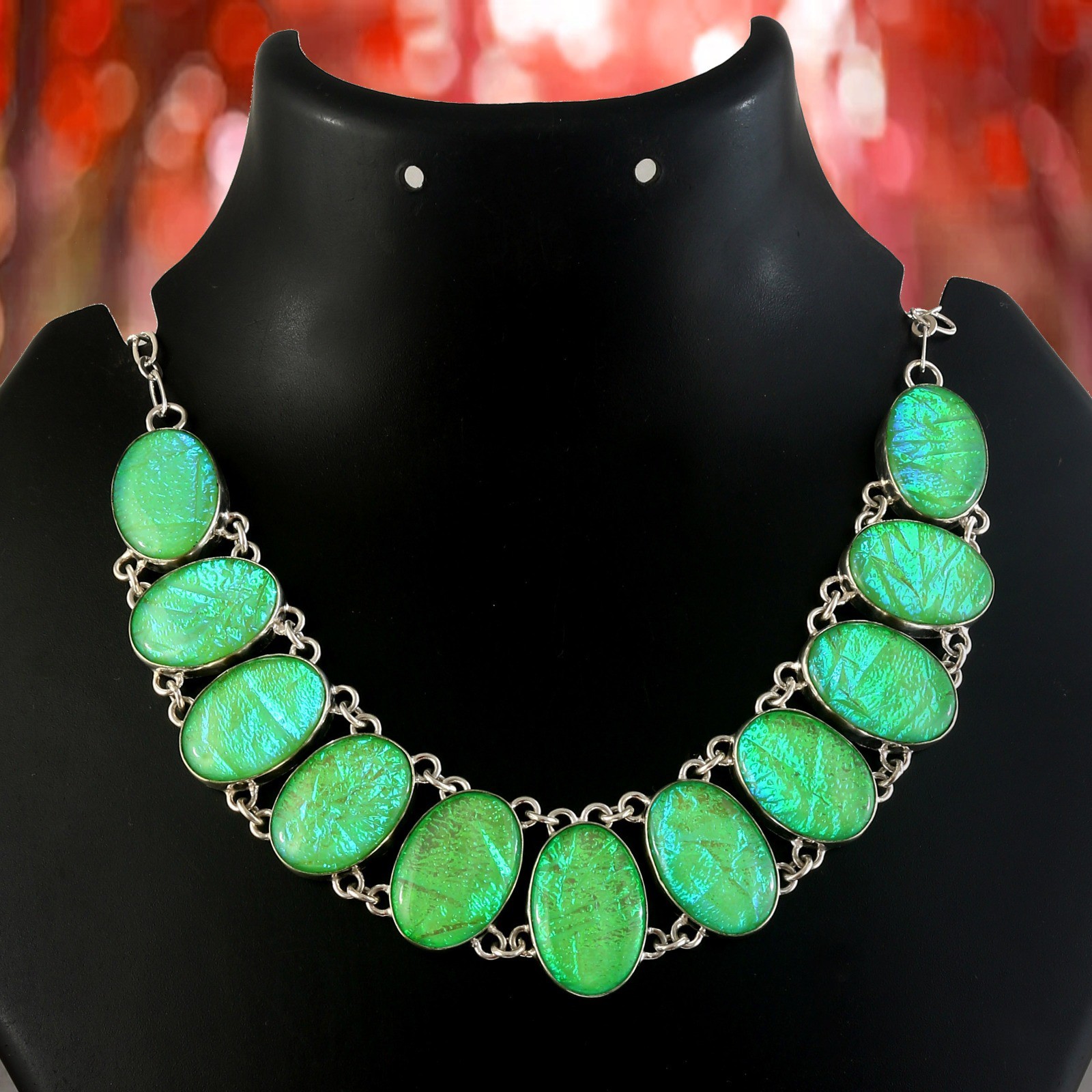 Vintage Green Dichroic Glass Necklace Silver Tone Chain Handmade Statement Jewel