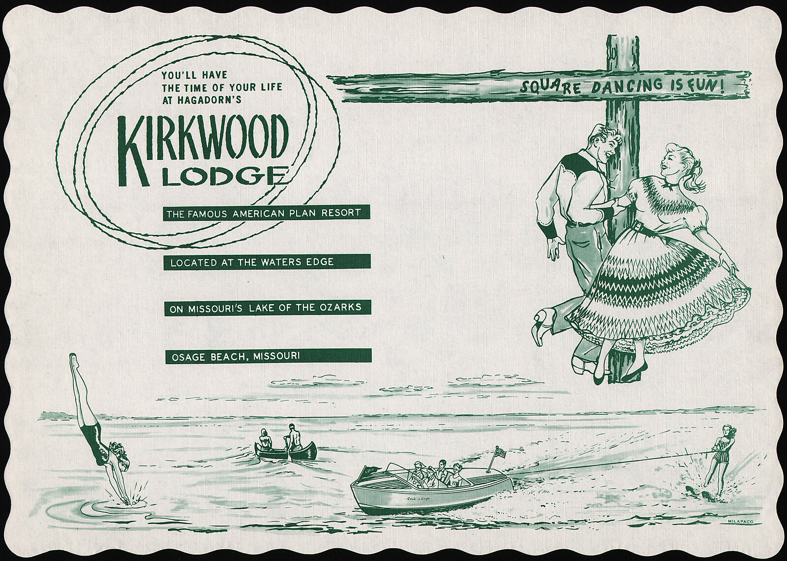 Vintage placemat HAGADORNS KIRKWOOD LODGE Osage Beach Missouri n-mint+ condition