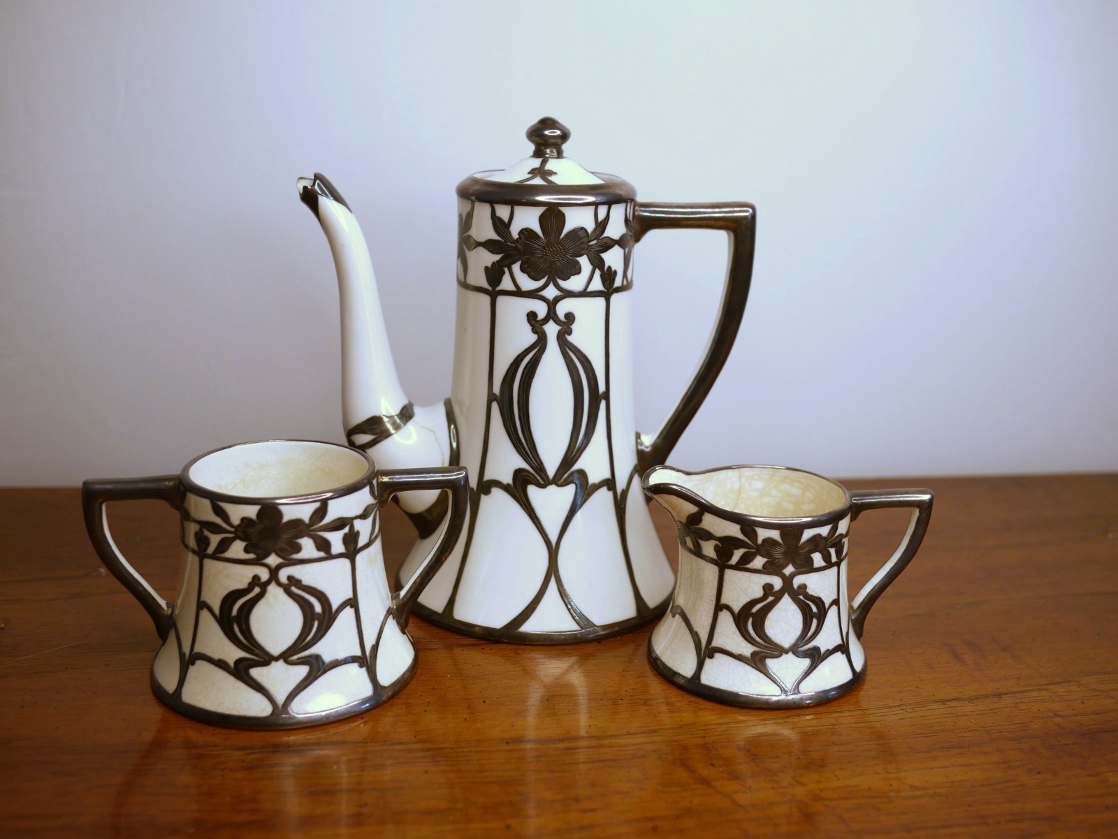 Antique Lenox China White Sterling Sterling Silver Overlay Tea Set